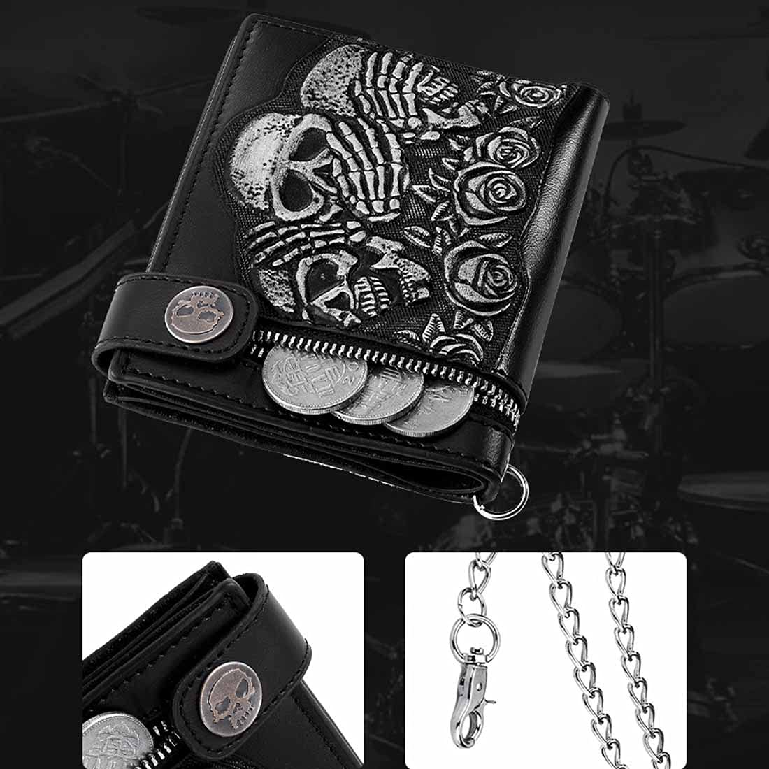 Men's & Women's PU Leather Skull Embossed Wallet with Snap Fastener - Slim Foldable Billfold Card Holder (Black) - Perfect for Everyday Use, Gifts & Gothic Fashion Accessories