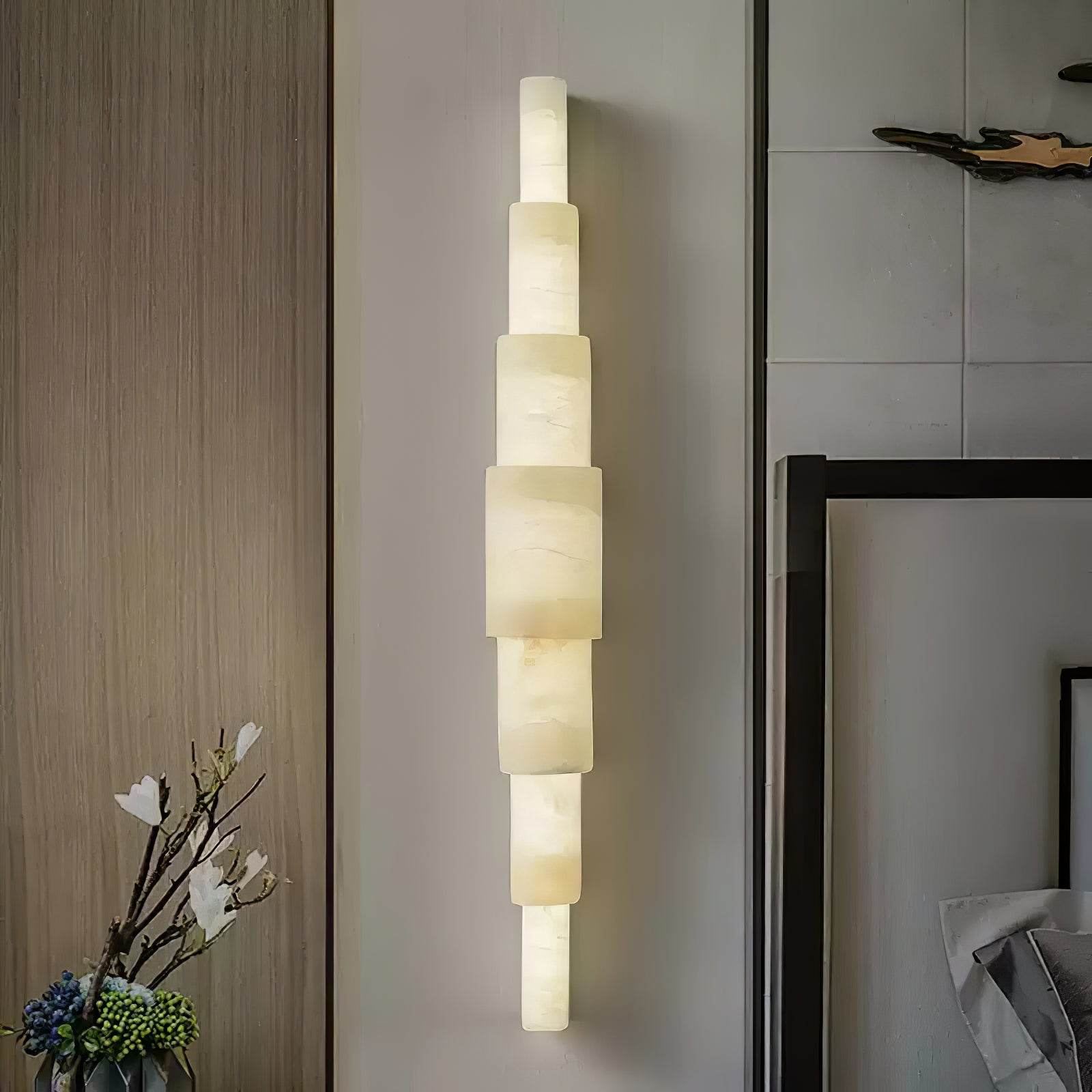 Alba Cascade Alabaster Wall Sconce - Elegant Handcrafted Light Fixture for Living Room, Bedroom & Hallway - Vintage Style Plug-in Wall Lamp with Natural Stone Shade (Indoor Use)