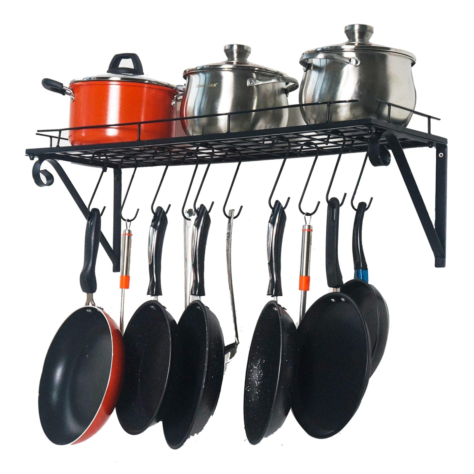 30 Inch Wall Mounted Pot Holder Pan Organizer with 10 Hooks - Matte Black Kitchen Storage Shelf for Pots & Pans - Space Saving Wall Mount Hanging Rack for Kitchen Organization - Perfect for Small Kitchens & Apartment Cooking Spaces