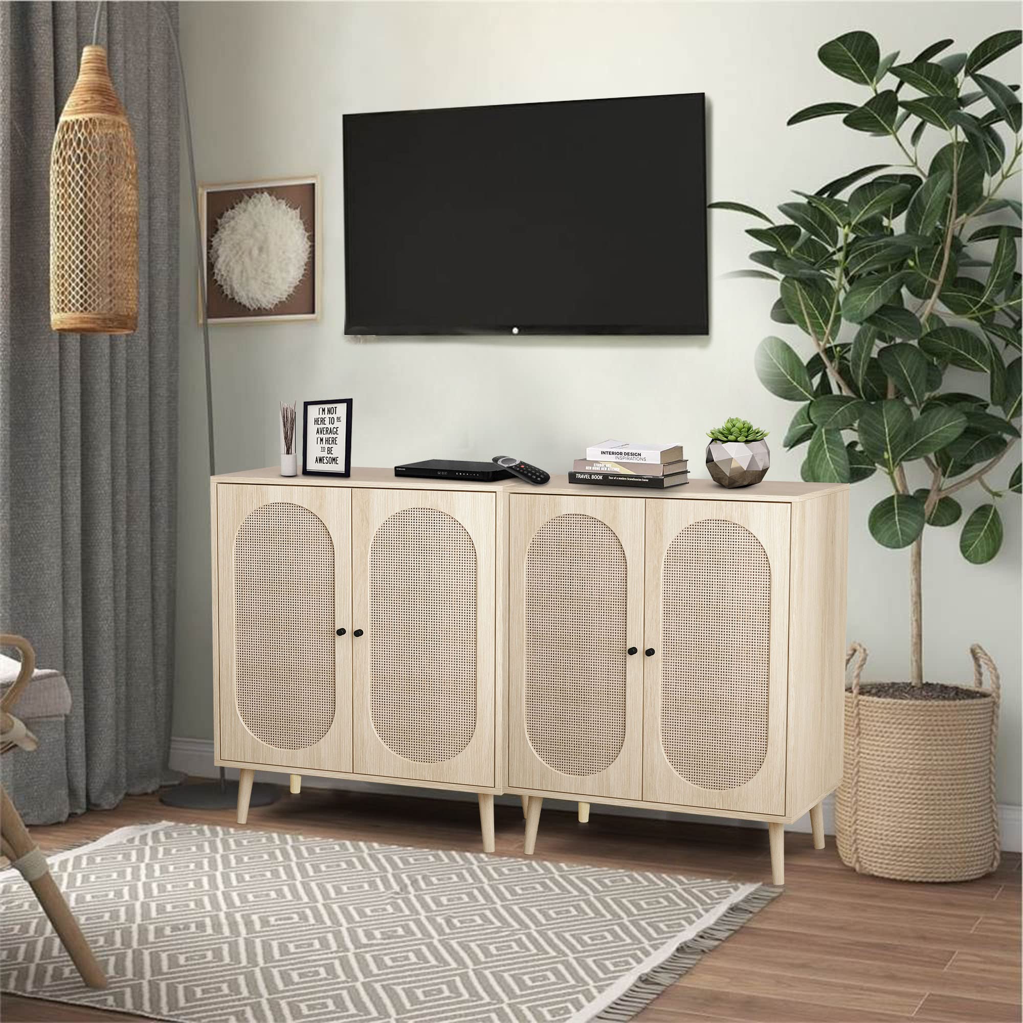 Rattan 2-Door Buffet Sideboard Cabinet with 2 Adjustable Shelves - Freestanding Console Table for Entryway, Kitchen & Dining Room - Natural Woven Accent Storage Furniture for Home Decor