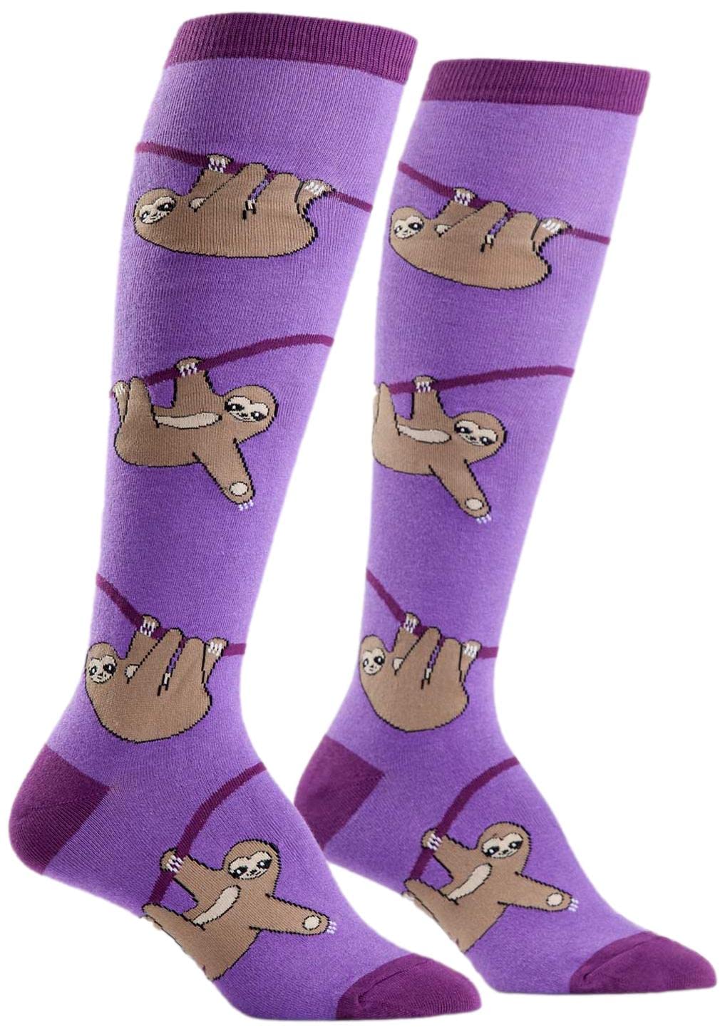 Sloth Print Knee High Socks for Women - Fun Purple Novelty Socks - Perfect for Costumes, Gifts & Everyday Wear