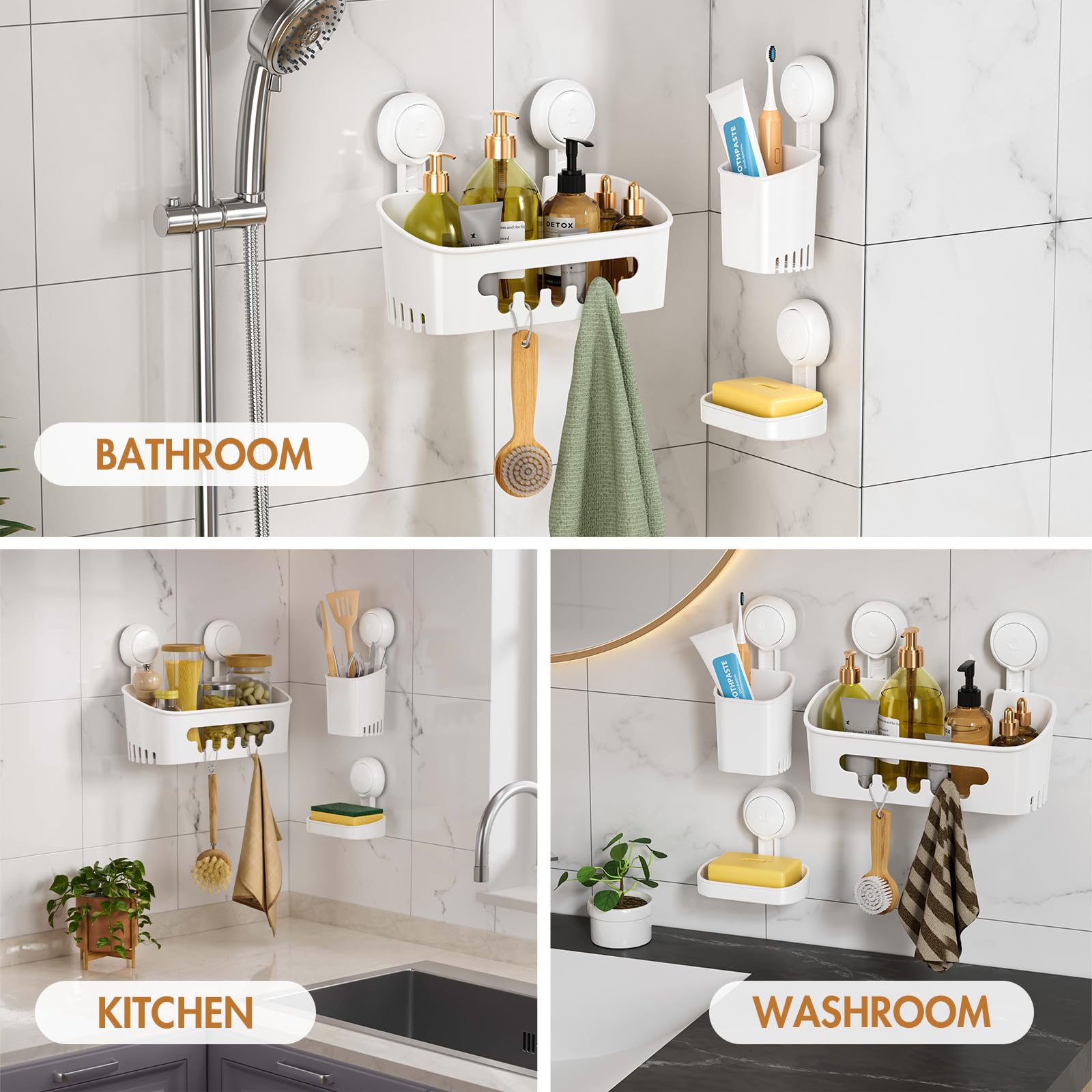 LEVERLOC No-Drill Shower Caddy with Suction Cups - Bathroom Organizer for Toothbrush, Soap & Shampoo | Waterproof Shower Storage for Small Spaces | Perfect for Apartments, Dorms & RVs