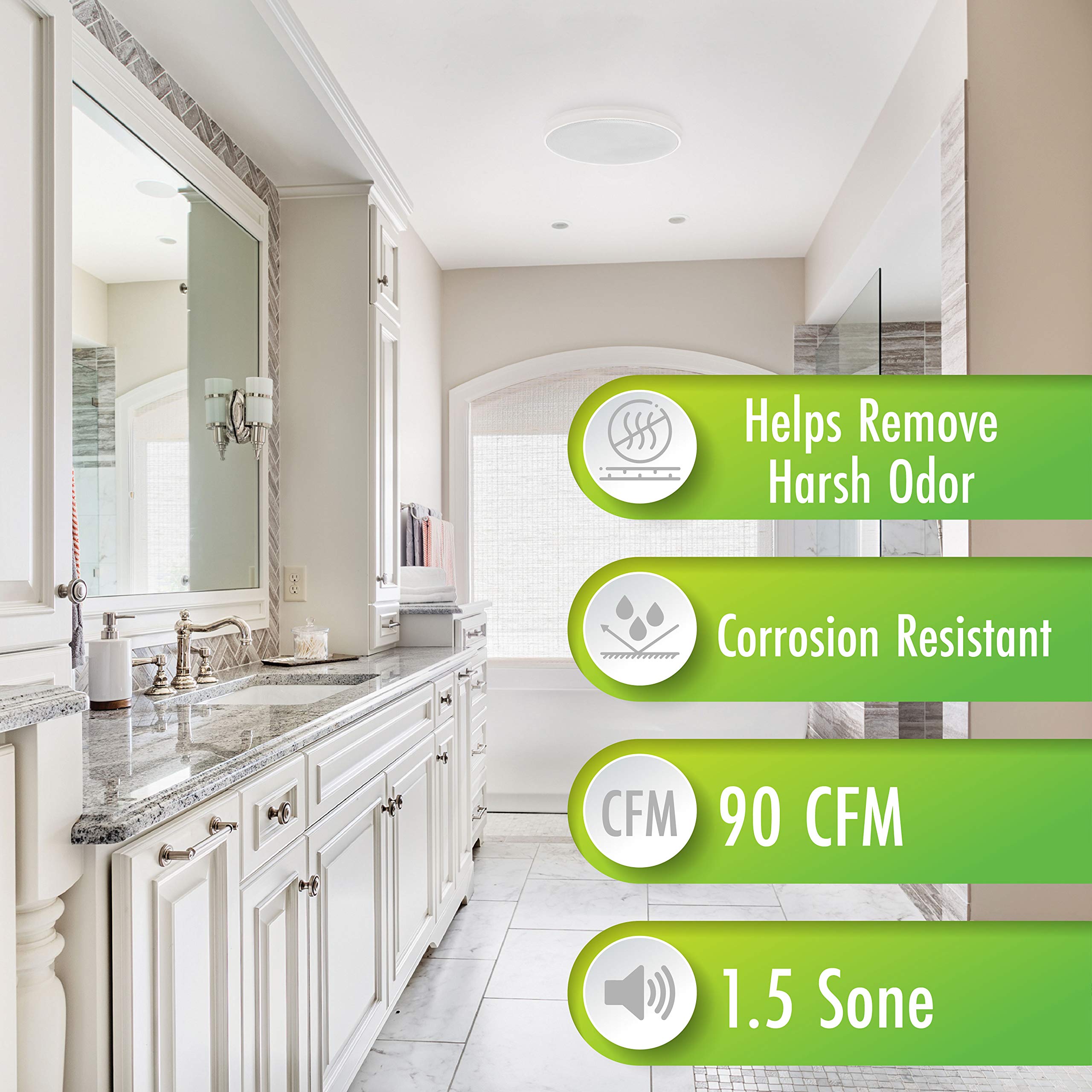 Homewerks WORLDWIDE 7130-03-BT Bluetooth Bathroom Exhaust Fan with Built-in Speaker - White Round Ceiling Ventilation (90 CFM) - Perfect for Shower Music & Bathroom Air Circulation