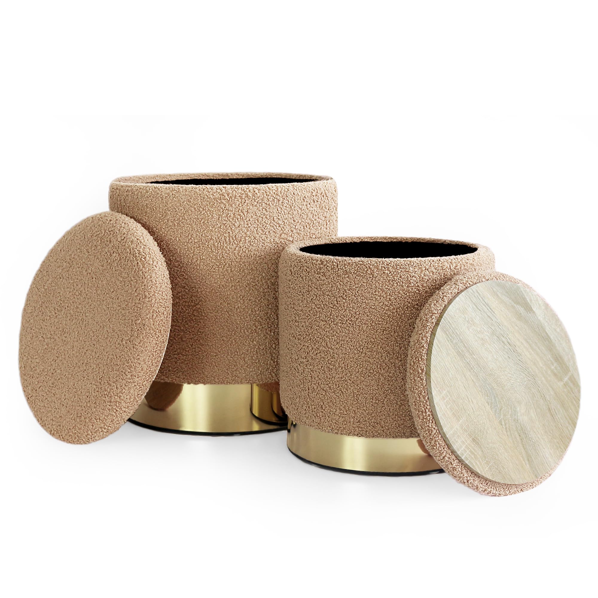 INSPI DECOR Set of 2 Round Storage Ottomans - Soft Teddy Fabric with Gold & Brown Finish, Multi-Purpose Footrest & Seat with Hidden Storage | Perfect for Living Room, Bedroom & Nursery Organization