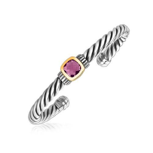 18K Yellow Gold & Sterling Silver Rope Cuff Bangle Bracelet with Genuine Amethyst Gemstone Centerpiece - Size 7.5