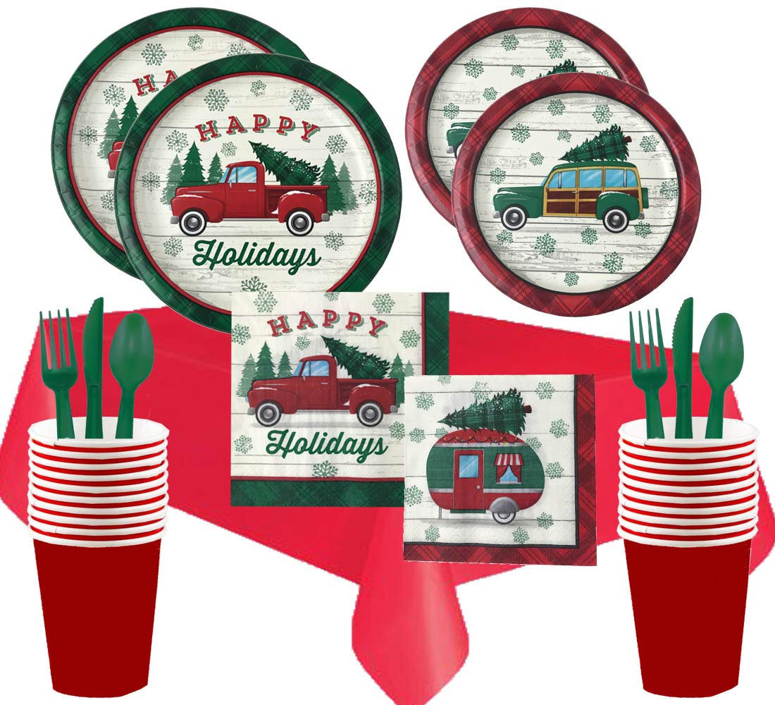Christmas Disposable Dinnerware Set - 129 Pc Classic Red Truck Design Plates, Cups, Napkins & Silverware (Serves 16) | Perfect for Holiday Parties, Family Gatherings & Festive Celebrations