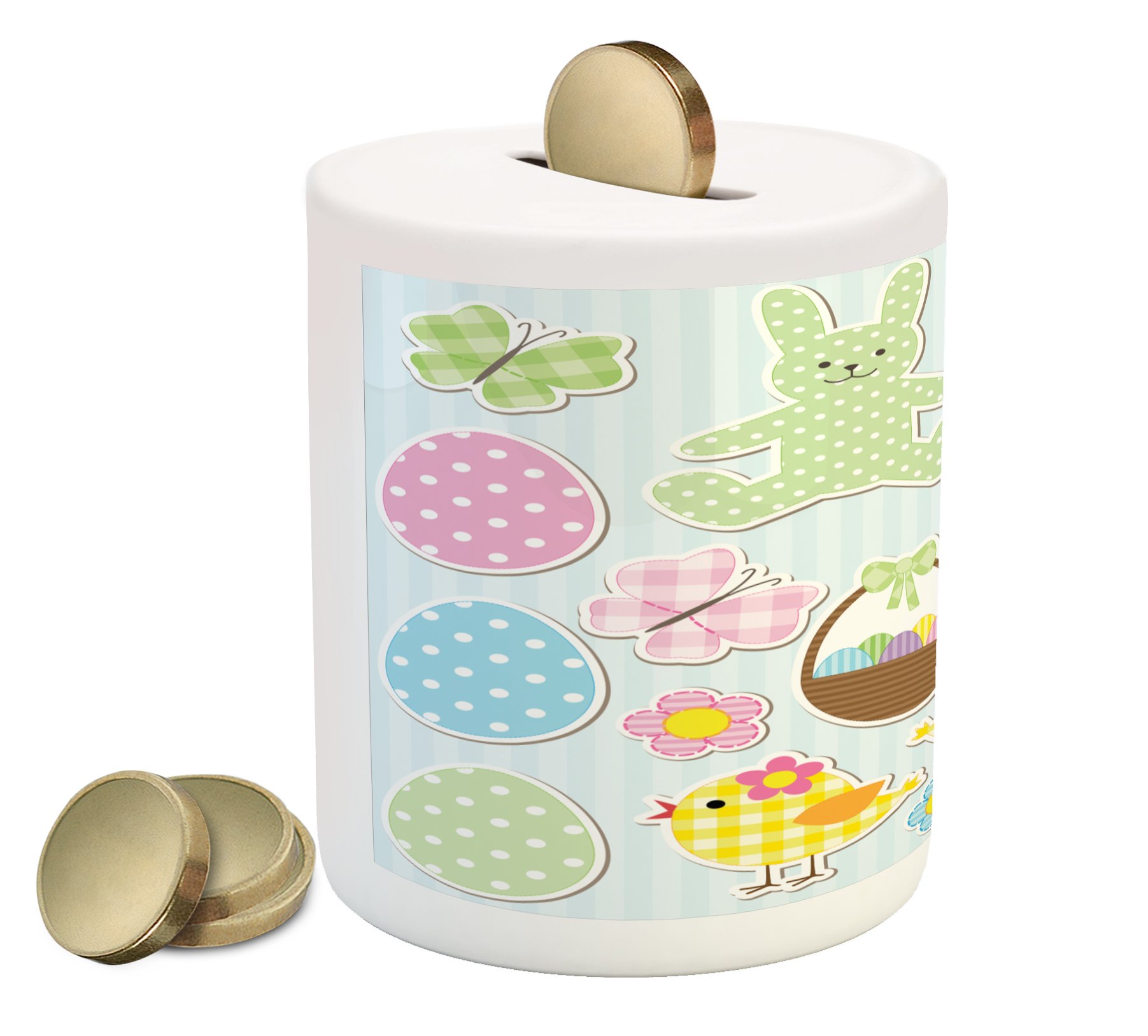 Ambesonne Easter Ceramic Piggy Bank - Pastel Bunnies & Chicks with Giant Eggs Design - Money Saving Coin Bank for Kids & Adults (3.6