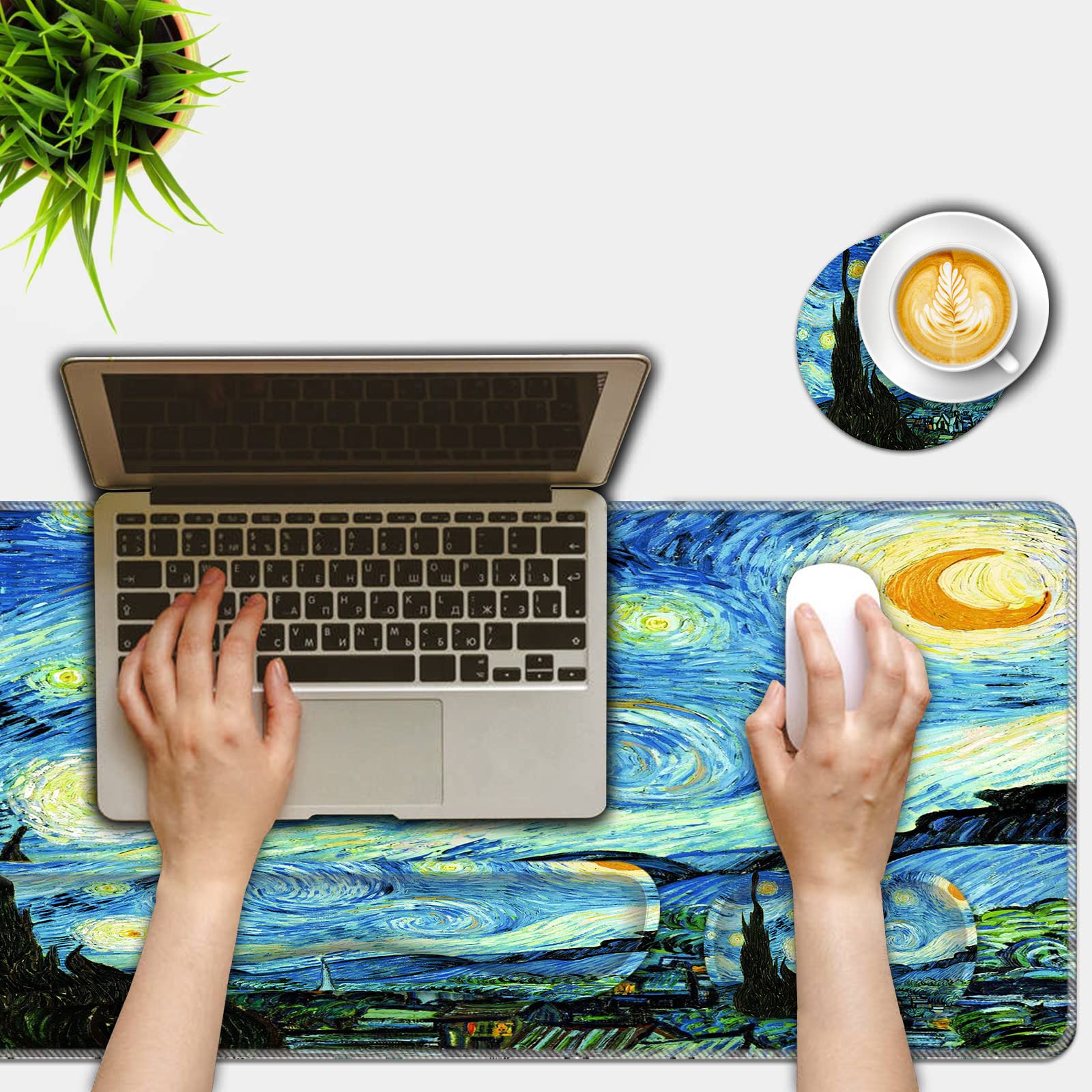 Premium Mouse Pad Set (31.5×11.8 in) - Extra Large Desk Mat with Keyboard Wrist Rest, Mouse Wrist Support & Coaster - Ergonomic Office & Home Computer Accessories for Laptop & PC - Starry Night Design for Comfortable Gaming & Workstation Setup