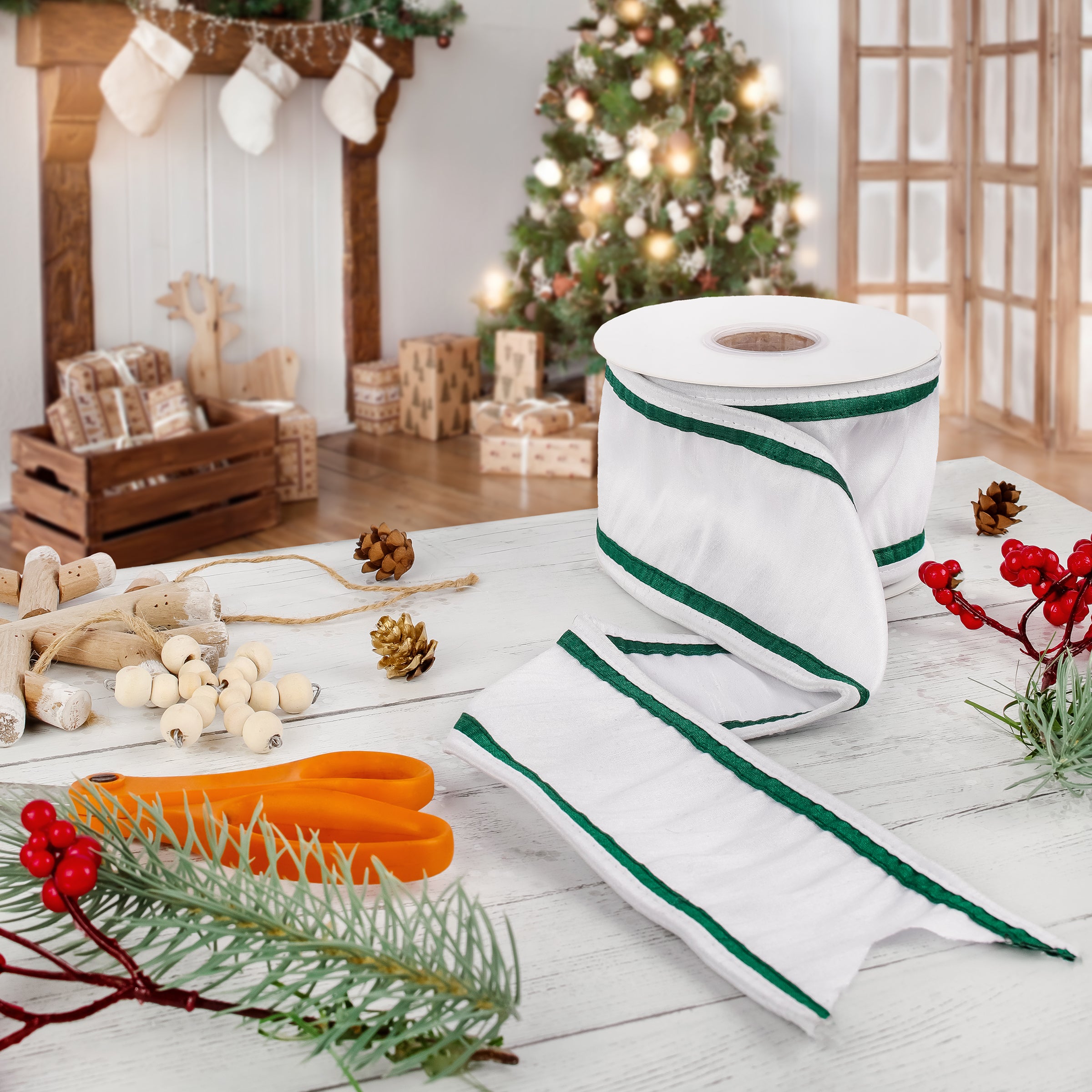 3 Inch HGTV Home Collection Dupioni Double-Sided Ribbon - White & Green Stripe - Perfect for Gift Wrapping, Wedding Decor, and DIY Crafts