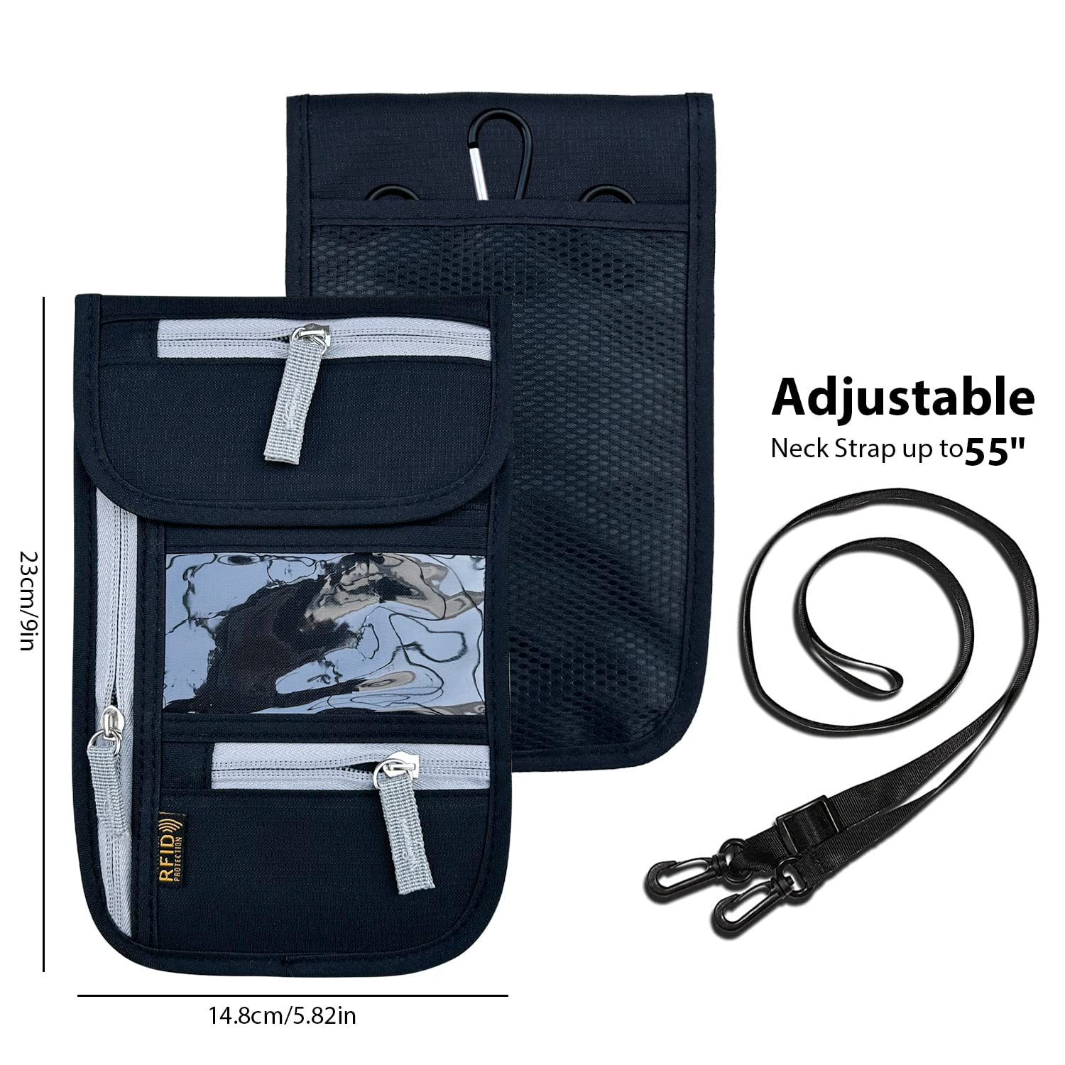 RFID Blocking Travel Neck Wallet - Adjustable Passport Holder for Men & Women to Secure Cash, Credit Cards & Travel Documents - Anti-Theft Design for Airports, Sightseeing & Commuting - Black