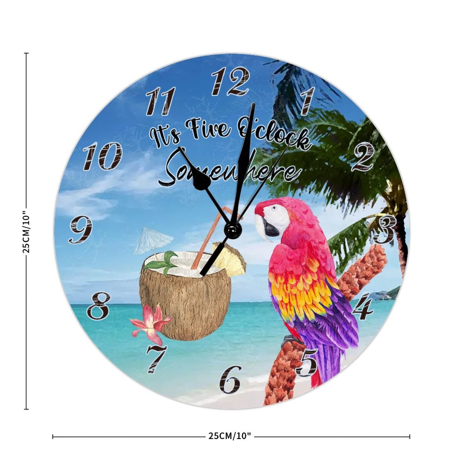 10 Inch Tropical Coconut Parrot Toucan Floral Wall Clock - Silent Battery Operated Wooden Wall Clock with Hawaii Flower Bird Design - Perfect for Beach House Decor, Living Room, Bedroom & Summer Themed Spaces