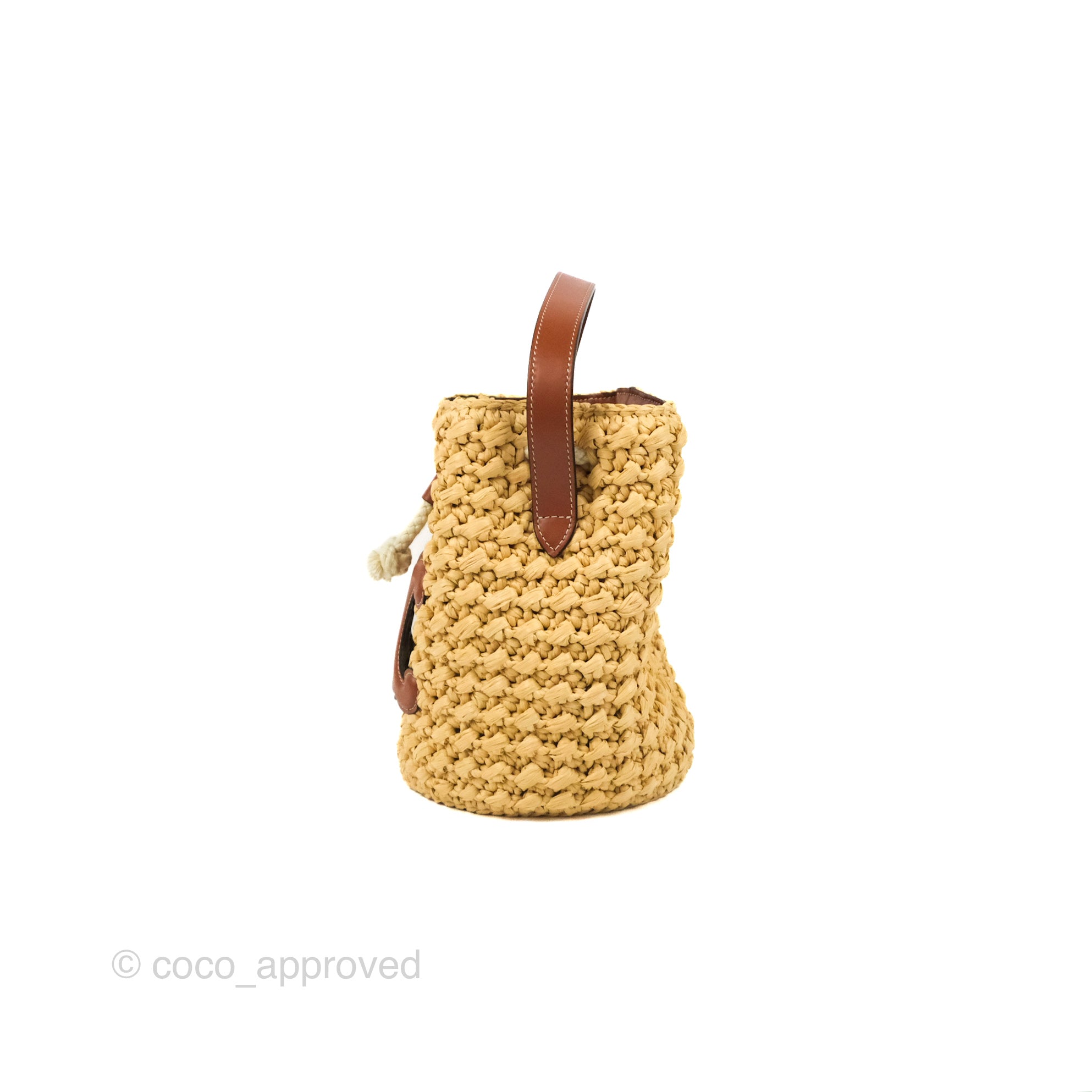 Celine Teen Drawstring Bucket Bag in Raffia & Natural Tan Calfskin - Stylish Summer Beach Tote for Women | Perfect for Vacation, Travel and Everyday Use