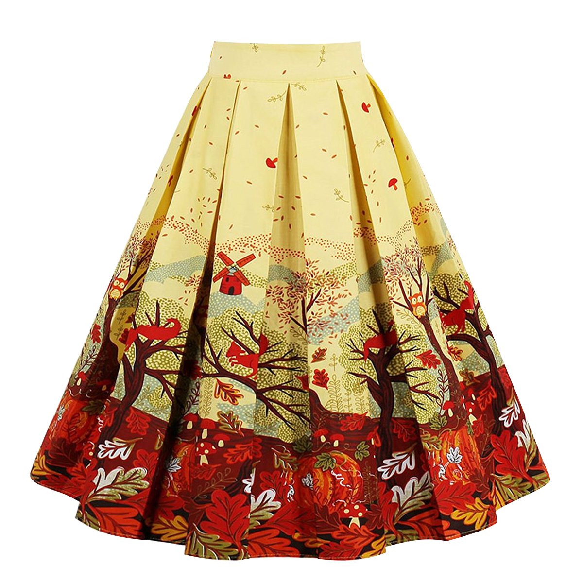 Vintage Floral Print Pleated A-Line Midi Skirt for Women with Pockets - Elegant Retro Style for Casual Outings, Office Wear & Special Occasions