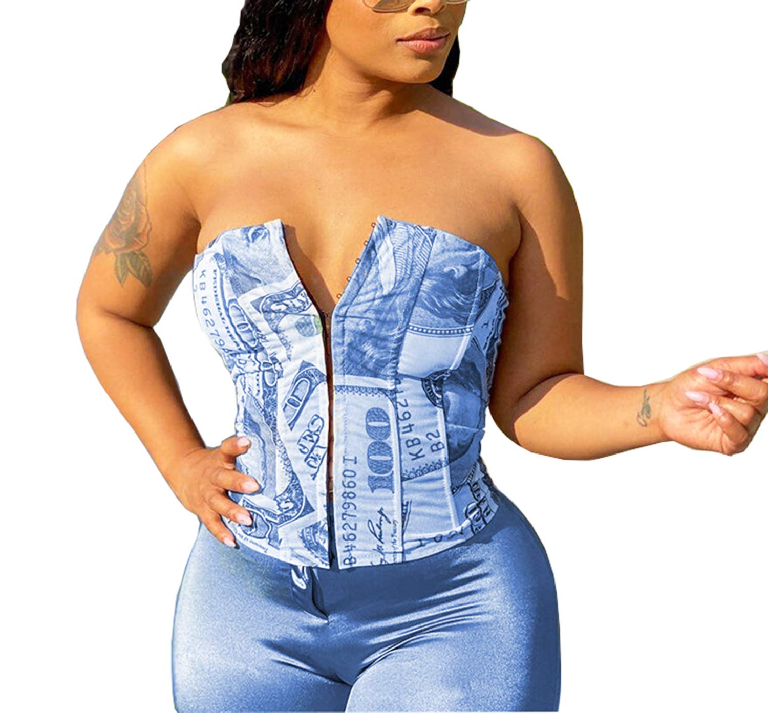Sexy Women's Dollar Print Corset Bandeau Tube Top - Criss Cross Lace Up Bustier Tank Bra for Nightclub, Party & Festival Outfits