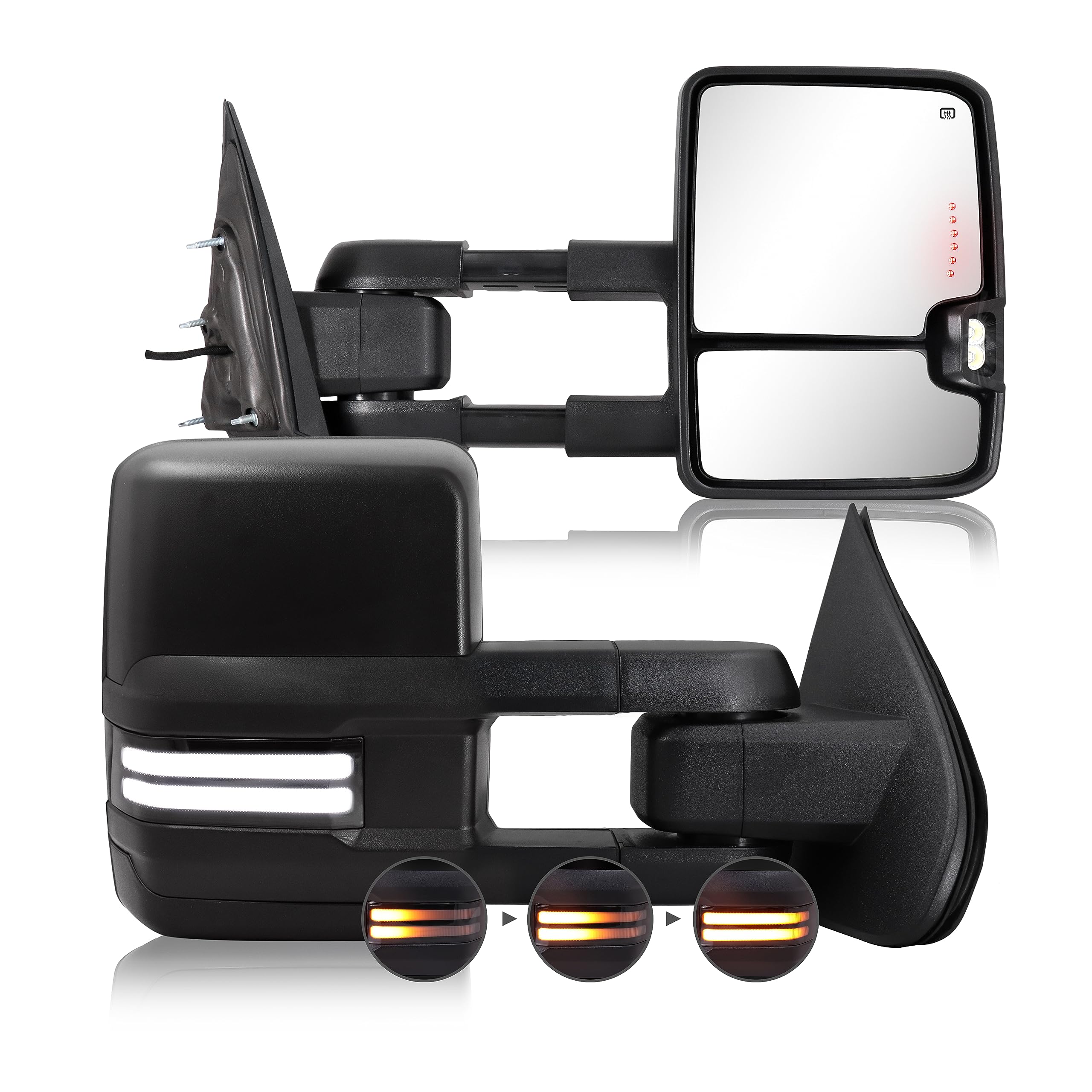 Switchback Towing Mirror for 2014-2018 Chevy Silverado 1500 & GMC Sierra 1500 | 2015-2019 Silverado 2500/3500 HD | Power Adjustable Heated Glass with Running & Turn Signal Lights | Enhanced Towing Safety & Night Driving Visibility