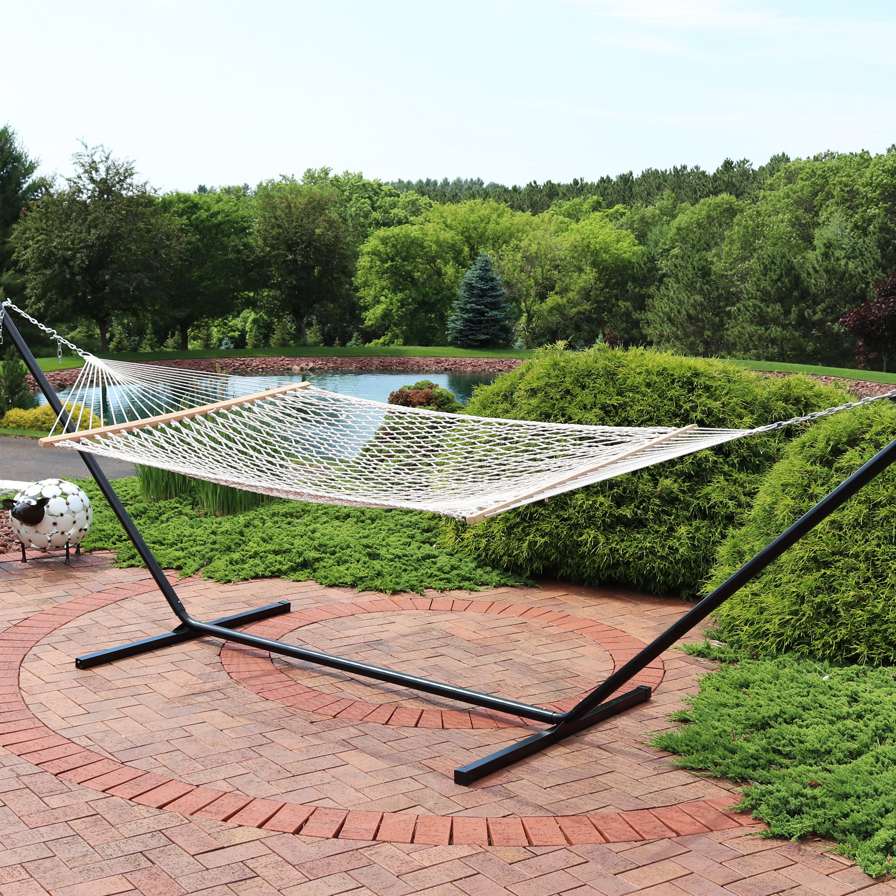 Premium Sunnydaze Double Wide 2-Person Rope Hammock with 15-Foot Steel Stand - Heavy Duty Outdoor Patio, Backyard, Poolside & Beach Relaxation for Couples