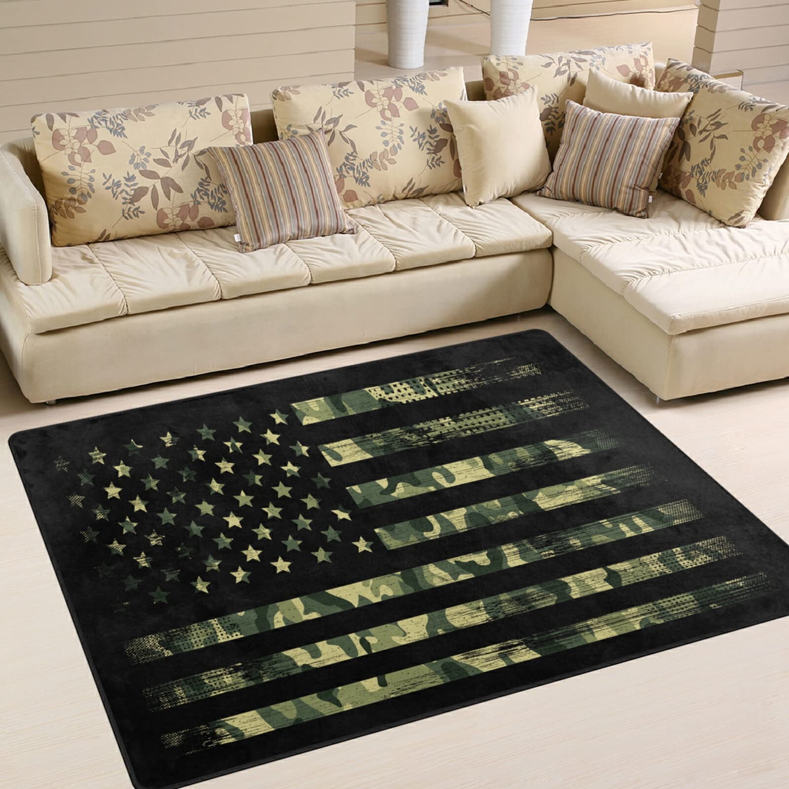 ALAZA Vintage American Flag Camouflage Area Rug 7' x 5' - Patriotic Floor Mat for Living Room, Bedroom, Dorm & Home Decor | Perfect for 4th of July, Memorial Day & Military Themed Spaces