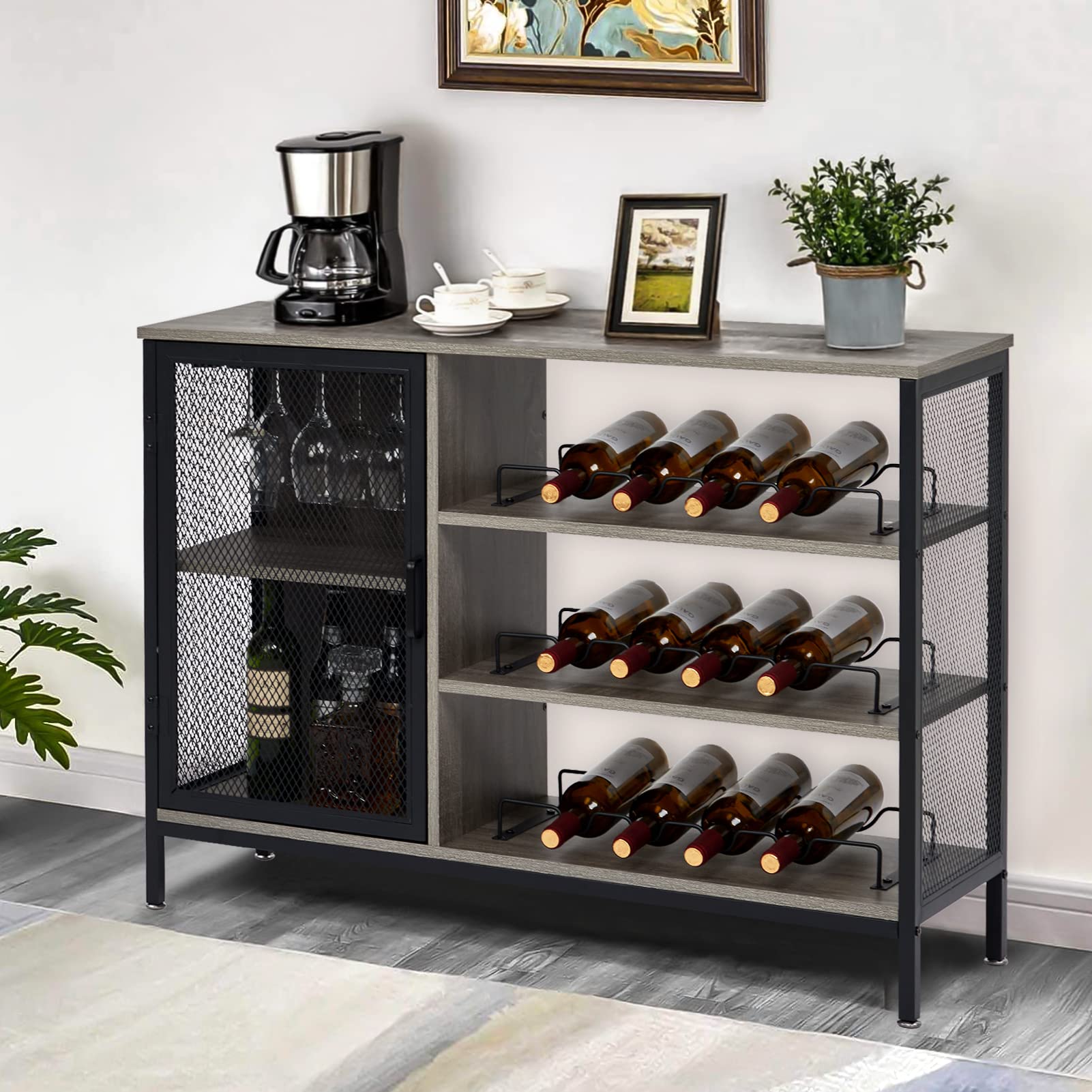 Modern Grey Bar Cabinet for Home - Wine & Liquor Storage with Removable Wine Rack, Glass Holder & Coffee Bar - Space-Saving Corner Cabinet for Living Room, Dining Room or Home Office