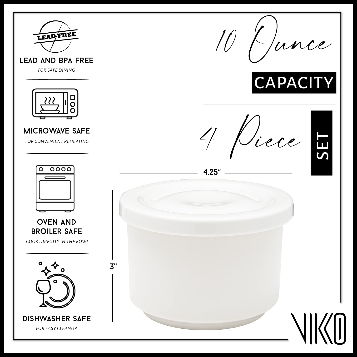 Vikko 10 oz White Ceramic Soup Crocks with Lids - Set of 6 Microwave & Dishwasher Safe Soup Bowls - Perfect for French Onion Soup, Ramen, and Home Dining