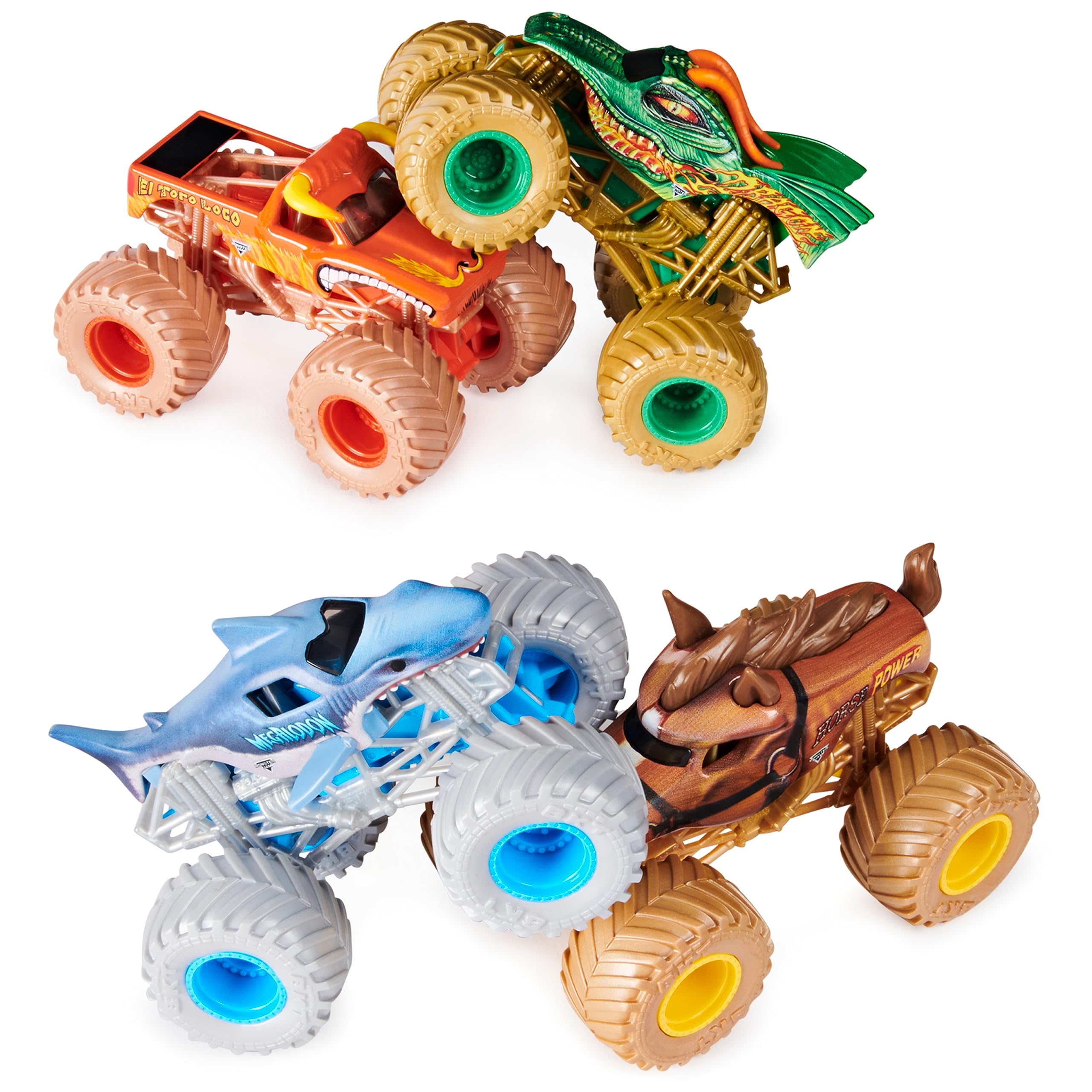 Monster Jam Power Beasts 4-Pack 1:64 Scale Die-Cast Monster Trucks (El Toro Loco, Megalodon, Dragon & Horse Power) - Durable Toy Cars for Boys & Girls Ages 3+ - Perfect for Playtime, Collecting & Racing Battles