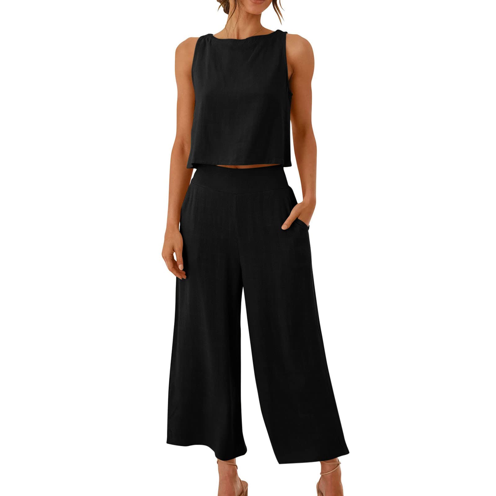 AMhomely Women's 2-Piece Outfits - Sleeveless Cotton Linen Wide Leg Pants Set with Vest Top & Back Buttons | Elegant Ladies Pantsuit with Pockets | Perfect for Office Wear, Summer Vacation & Casual Outings