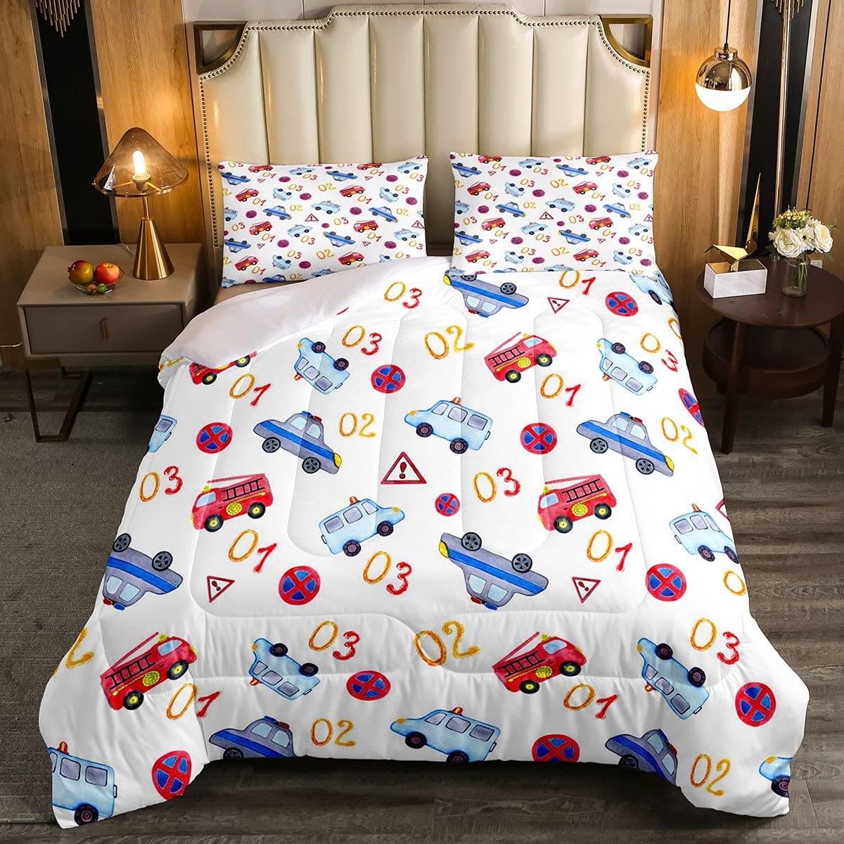 **Erosebridal Full Size Cartoon Police Bedding Set – Fire Truck Comforter for Kids, Boys & Teens | Policeman & Rescue Car Theme | Emergency Responder Vehicles Design with 2 Pillowcases | Perfect for Kids' Rooms, Themed Parties & Gift Giving**