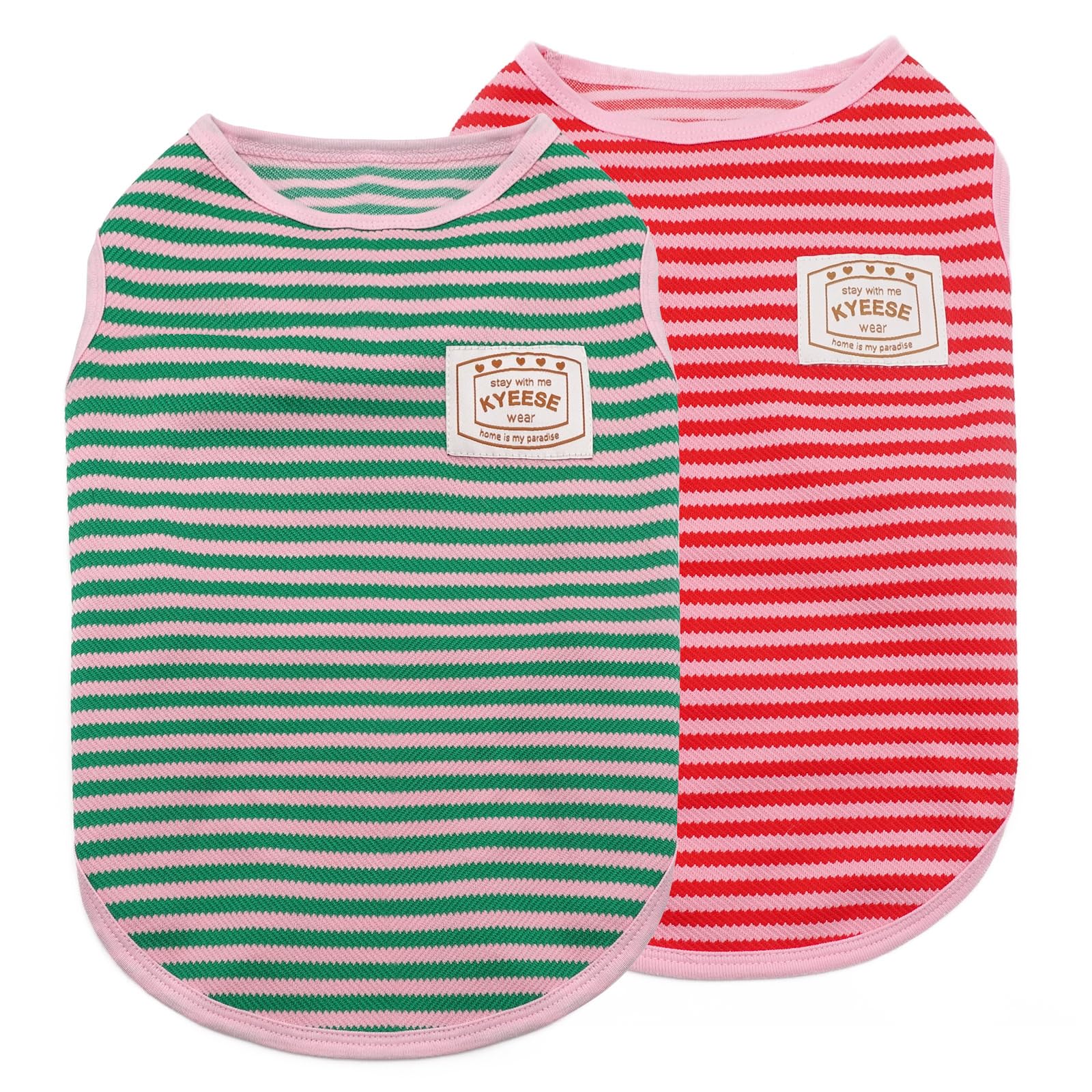 KYEESE 2 Pack Striped Dog Shirts for Small Dogs - Soft Stretchy Sleeveless Dog T-Shirts & Breathable Cat Shirts - Lightweight Pet Tank Top Vest (Medium, Green+Pink) - Perfect for Summer Walks, Pet Parties & Indoor Comfort