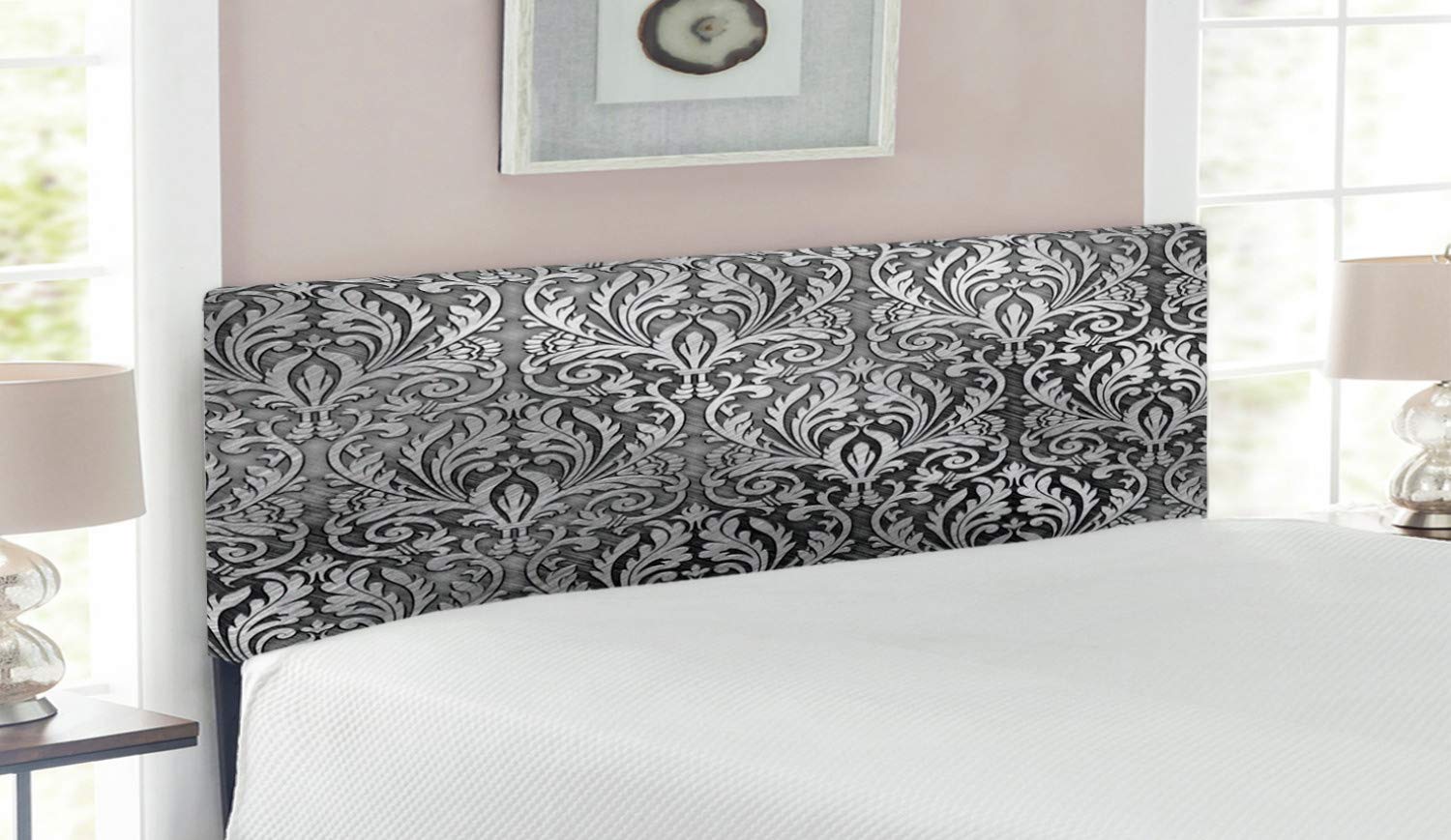 Ambesonne Grey Upholstered Headboard Queen Size - Classic Floral Medieval Empire Print with Memory Foam - Elegant Grey Black Metal Bed Frame for Master Bedroom, Guest Room & Home Decor