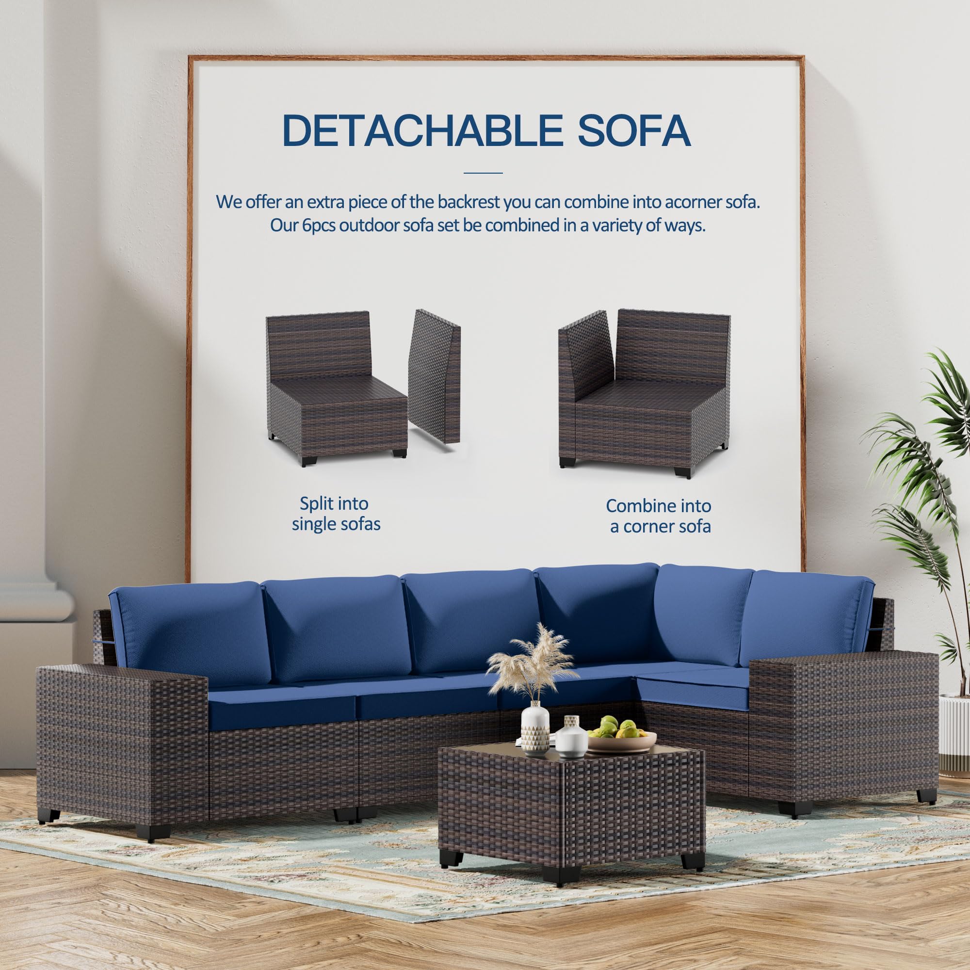 6-Piece Outdoor Patio Furniture Set - PE Wicker Rattan Sectional Sofa Conversation Set in Navy Blue for Garden, Poolside & Backyard Relaxation