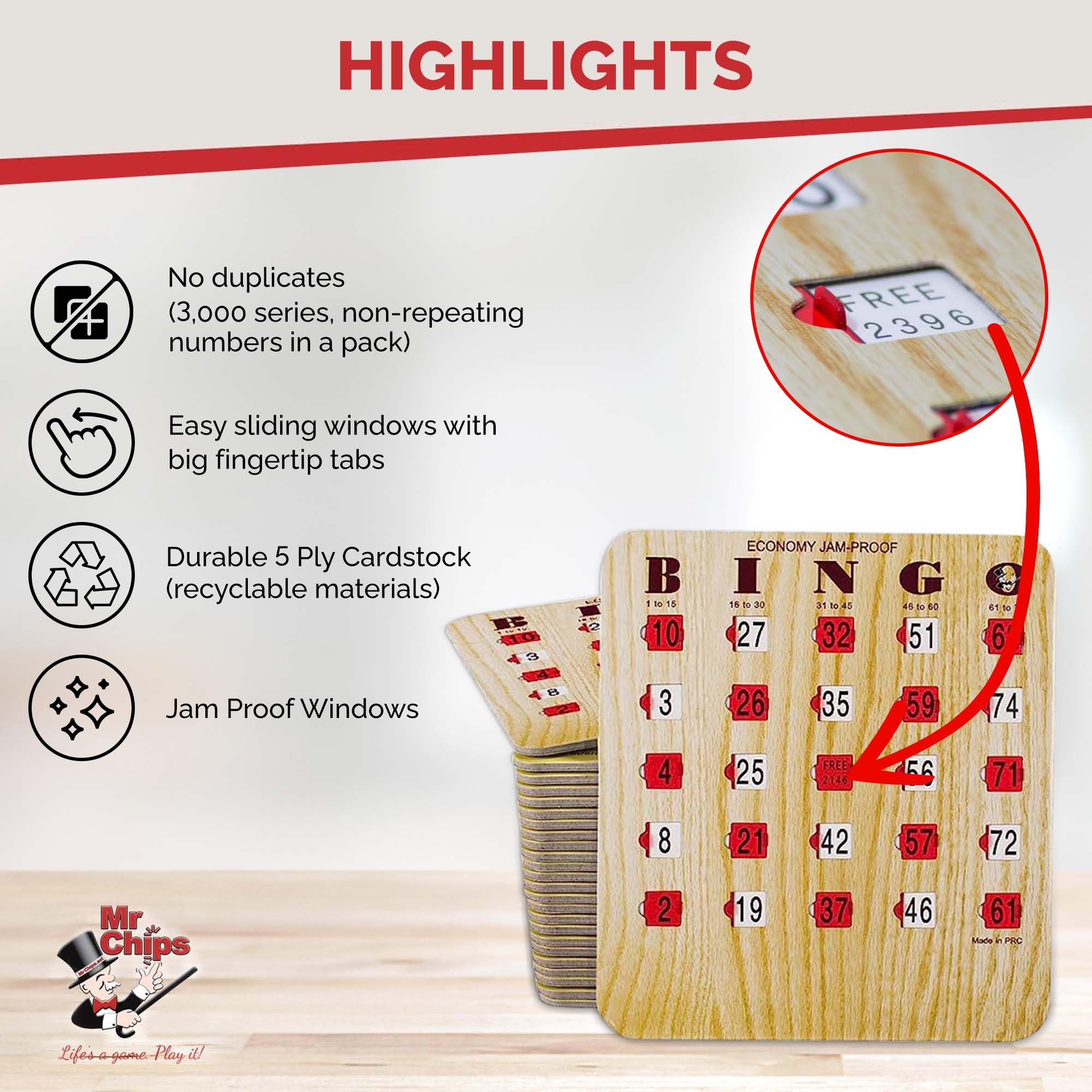 MR CHIPS Jam-Proof Bingo Cards with Sliding Windows - 25 Reusable Shutter Cards + 75 Calling Cards & Master Board in Tan Woodgrain Style - Perfect for Bingo Nights, Family Game Nights & Senior Activities