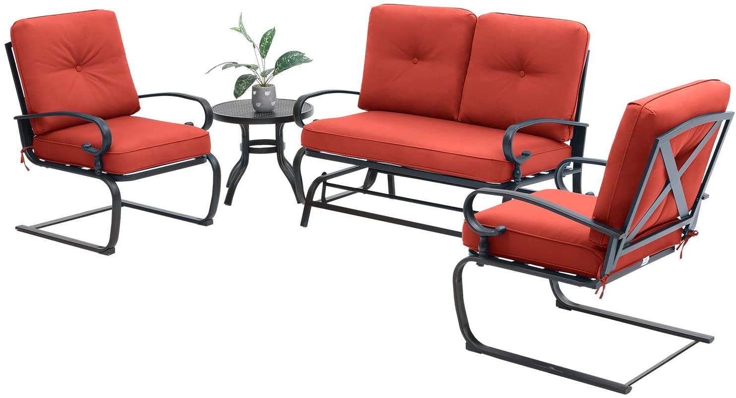 4Pcs Outdoor Metal Patio Furniture Set - Wrought Iron Glider, Bistro Table & 2 Spring Lounge Chairs (Red) - Perfect for Garden, Backyard, Porch & Poolside Relaxation