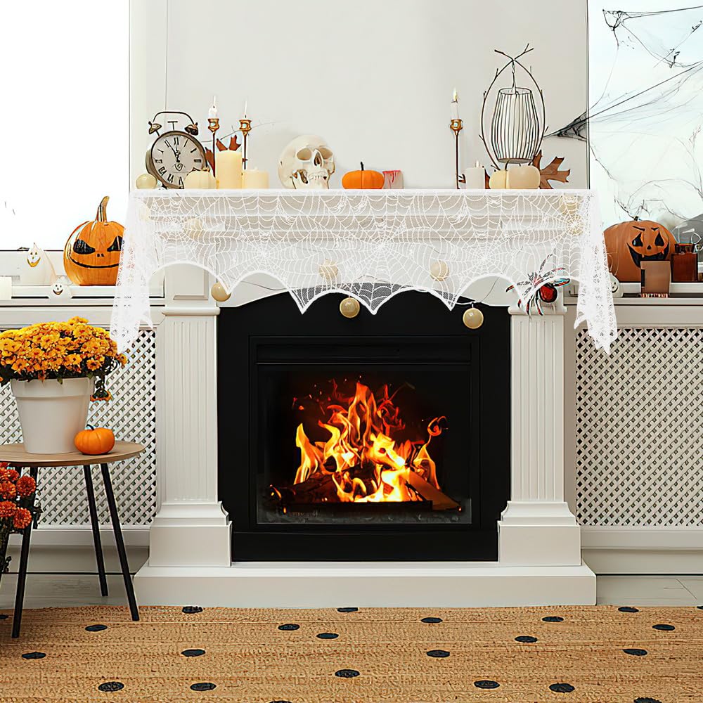 White Lace Spiderweb Fireplace Mantle Cover - Elegant Halloween Decorations for Indoor Fireplace & Party Supplies | Perfect for Halloween Home Decor, Spooky Party Setup & Fireplace Mantel Styling