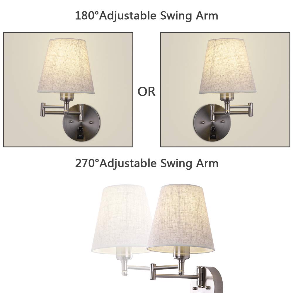 Dimmable Swing Arm Wall Sconce Light with USB Port & Plug-in Cord - Adjustable Fabric Shade Bedside Lamp for Bedroom, Living Room & Hotel - Perfect for Reading, Nightstand Lighting & Cozy Ambience