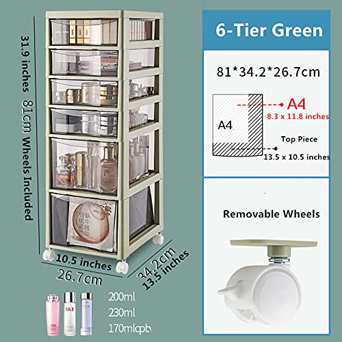 6-Drawer Rolling Storage Cart with Green Metal Frame & Champagne Clear Plastic Drawers - 31.9