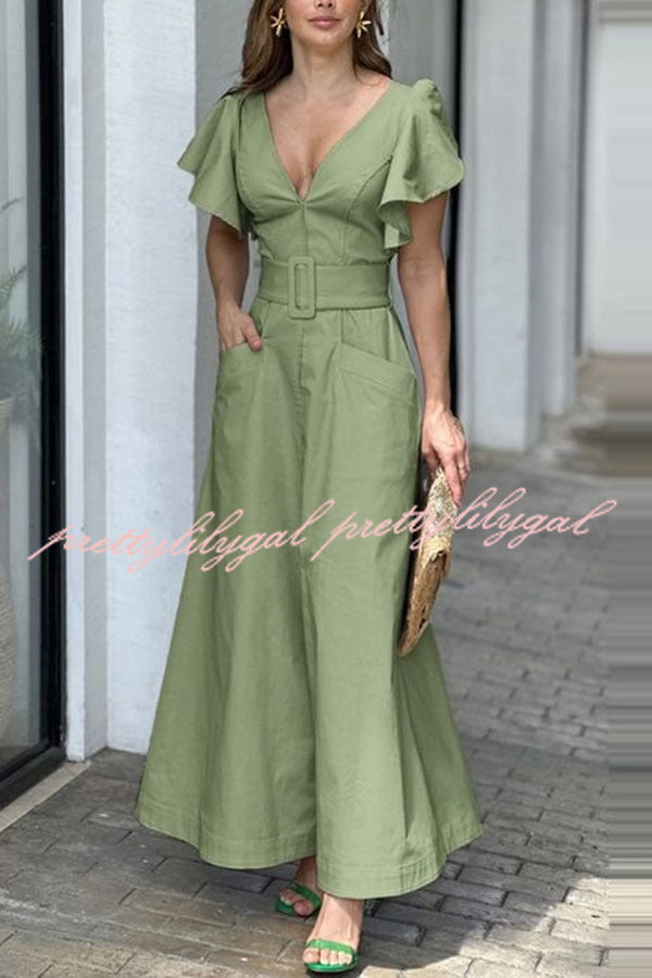 Elegant Solid Color Ruffle Sleeve V-Neck High Waist Maxi Dress with Pockets | Women's Summer Beach Wedding Party Dress | Perfect for Vacation, Date Night & Special Occasions