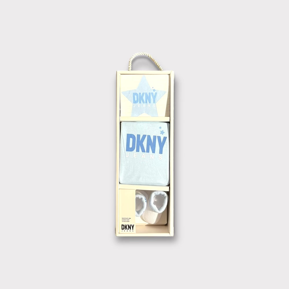 DKNY 3-Piece Baby Gift Set - Soft Cotton Bodysuit, Pants & Hat Outfit for Newborns | Perfect for Photo Shoots, Christenings & First Outings