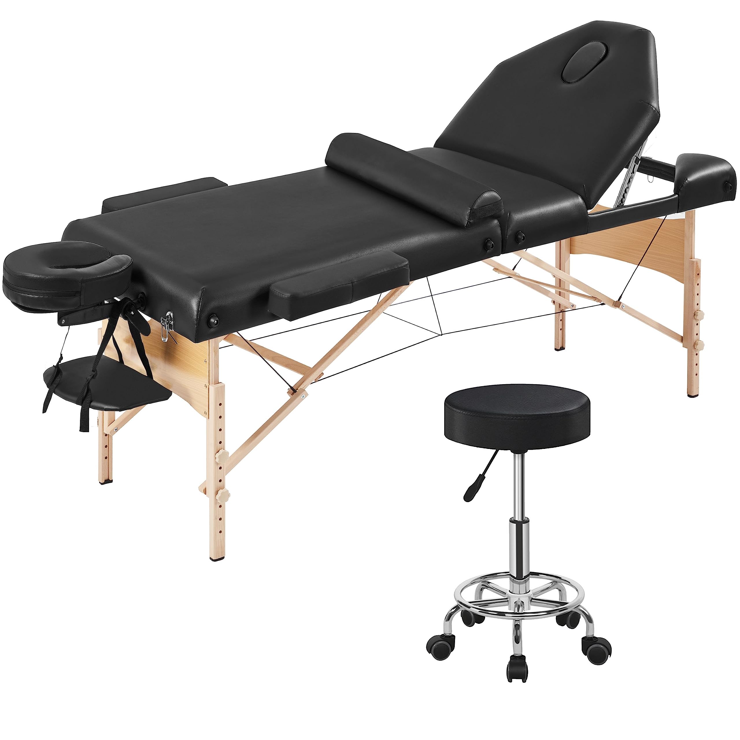 Yaheetech Professional 3-Section Folding Massage Table with Adjustable 360° Swivel Stool - Portable Spa Bed & Salon Chair Set for Tattoo, Beauty, Physical Therapy & Home Use