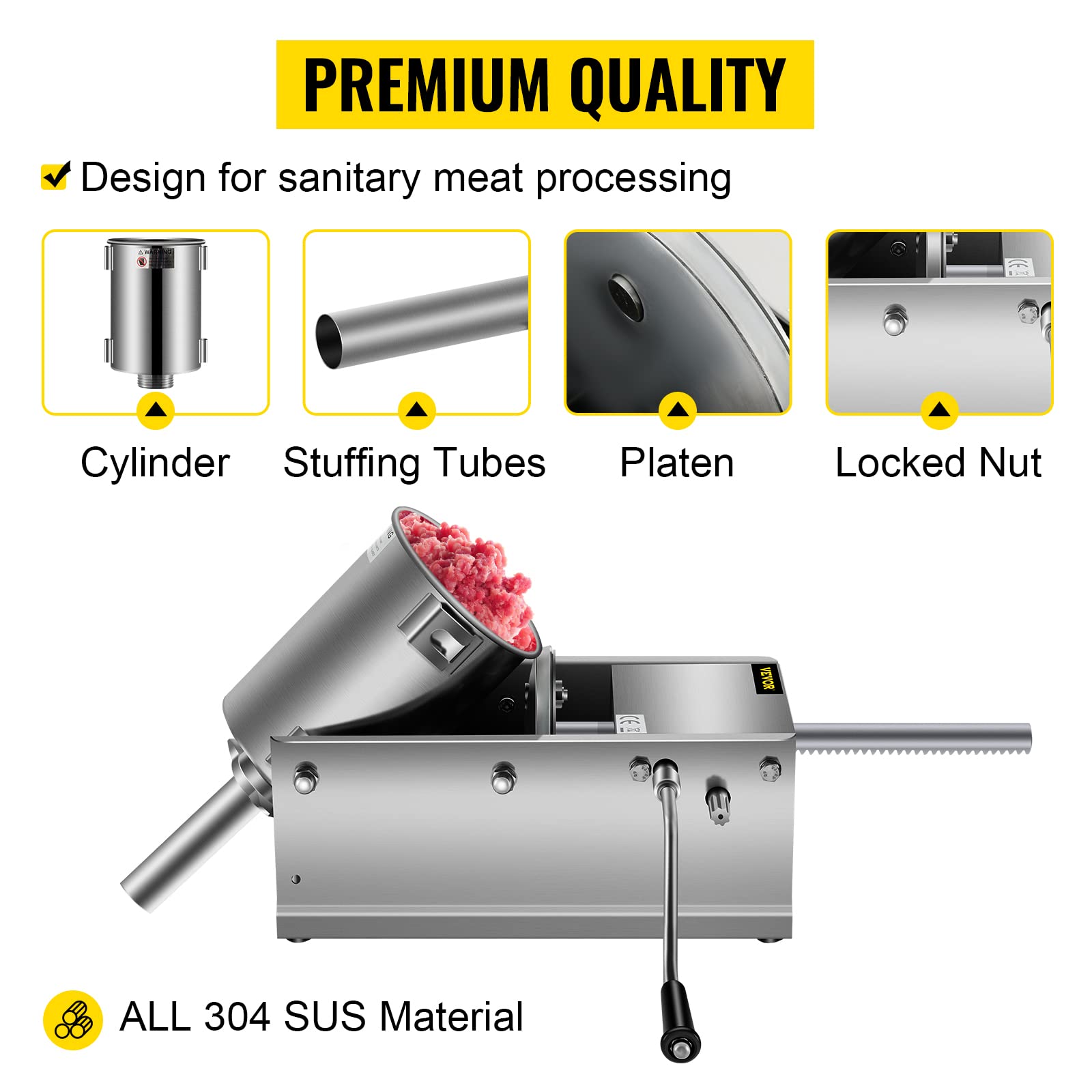 VEVOR 3L Manual Stainless Steel Sausage Stuffer - Horizontal Sausage Filler Machine for Home & Commercial Use | Perfect for Sausage Making, Meat Processing, BBQ Parties & Food Preparation