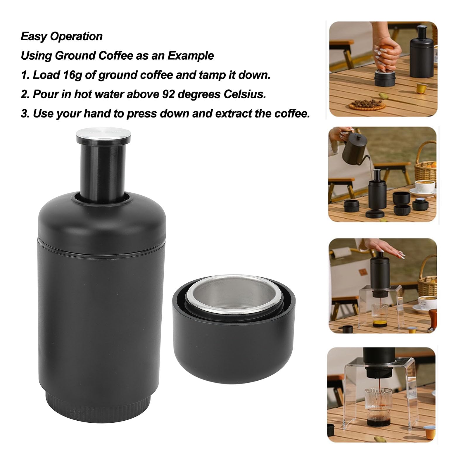 Portable Self-Heating Rechargeable Coffee Maker - Manual Espresso Machine for Camping, Travel & Office Use | Perfect for Outdoor Adventures, Commuting & Workplace Brewing