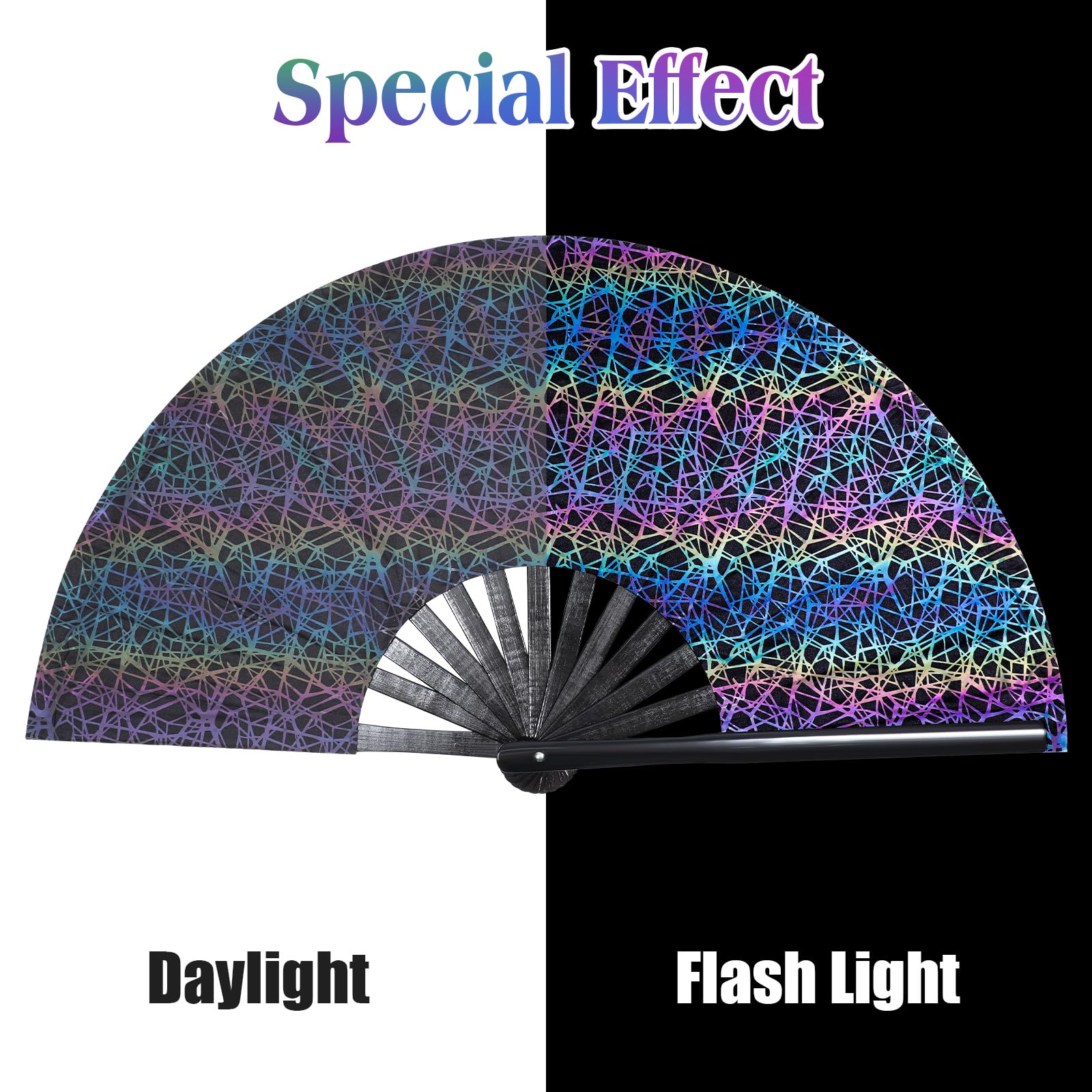 UV Glow Hand Fan for Rave & EDM Festivals - Large Reflective Ripple Design with Holster - Perfect for Men & Women - Essential Disco Party Accessory for Clubs, Concerts & Nightlife Events