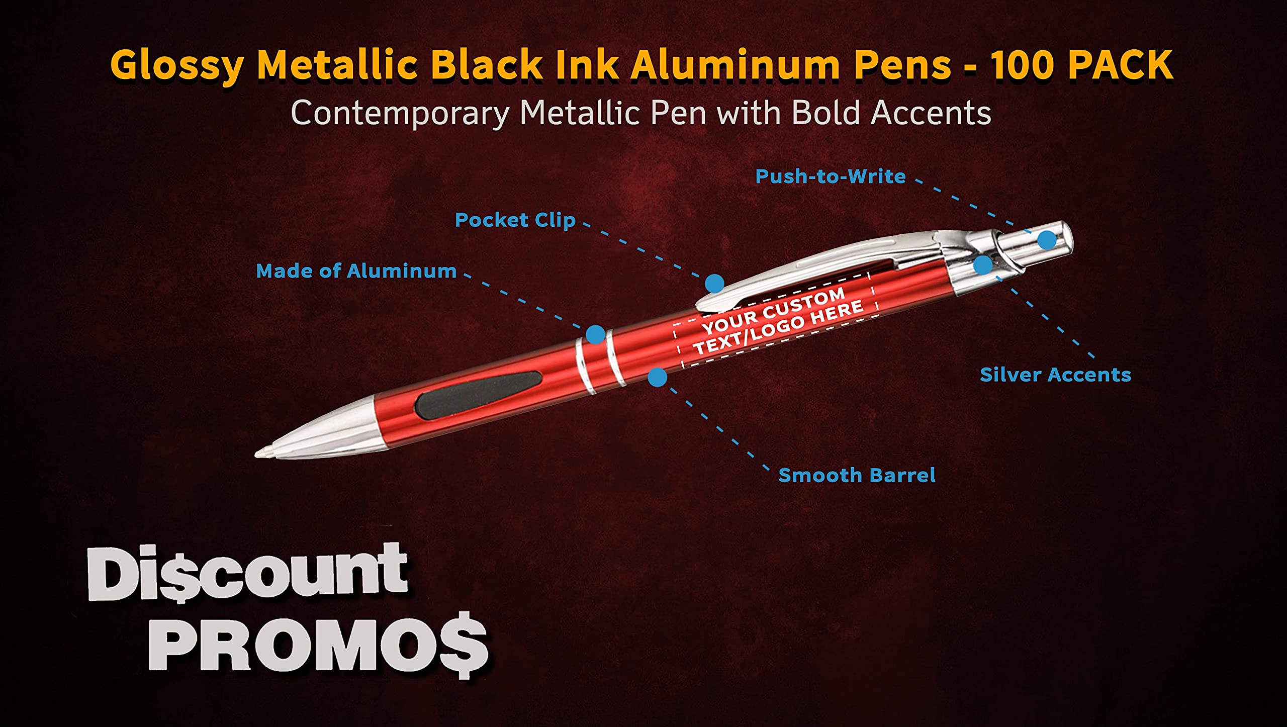 100 Pack Black Ink Metal Pens with Custom Text & Logo - Retractable Ballpoint Pens with Silver Accents - Premium Office & Business Writing Supplies for Corporate Gifts, Promotions & Everyday Use