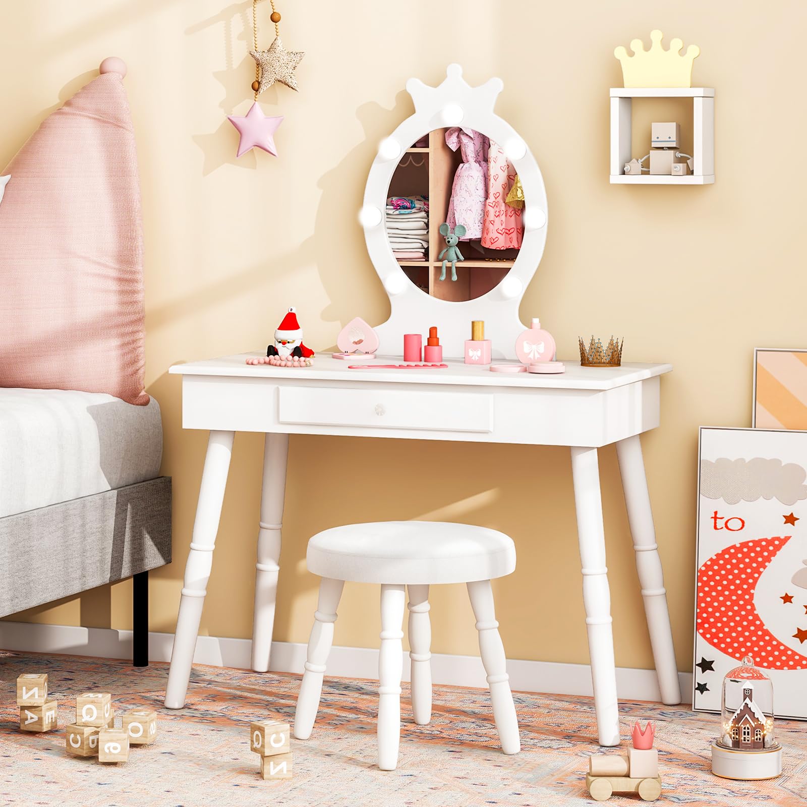 Costzon Kids Vanity Set with Mirror, Stool & LED Lights - 2-in-1 Wooden Makeup Dressing Table with Drawers for Girls - Pretend Play Toy for Toddlers (White) | Perfect for Birthday Gifts & Bedroom Decor
