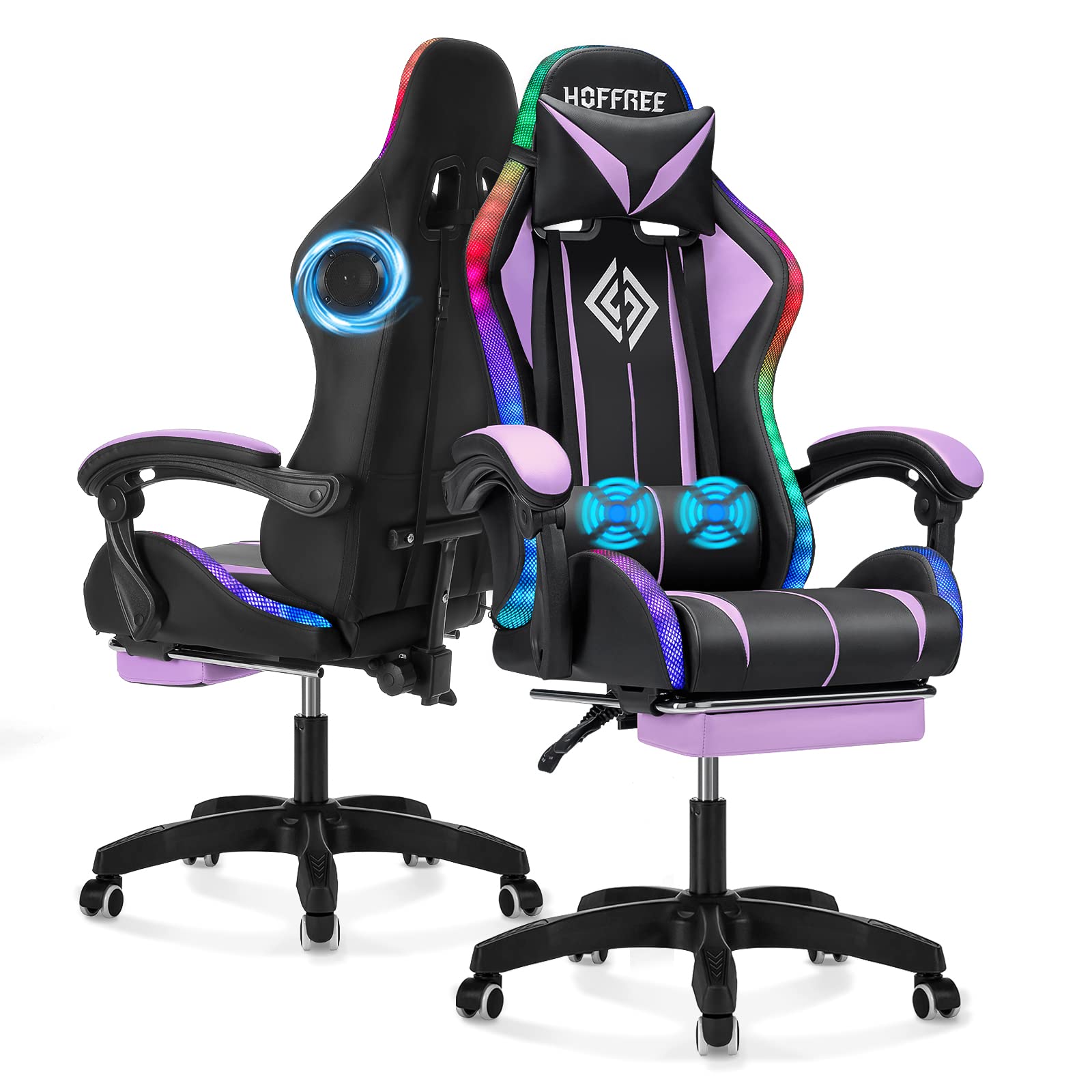Ergonomic Gaming Chair with Bluetooth Speakers, LED RGB Lights & Massage - High Back Computer Chair with Adjustable Footrest & Lumbar Support (Purple/Black) - Perfect for PC Gaming, Streaming & Home Office Setup