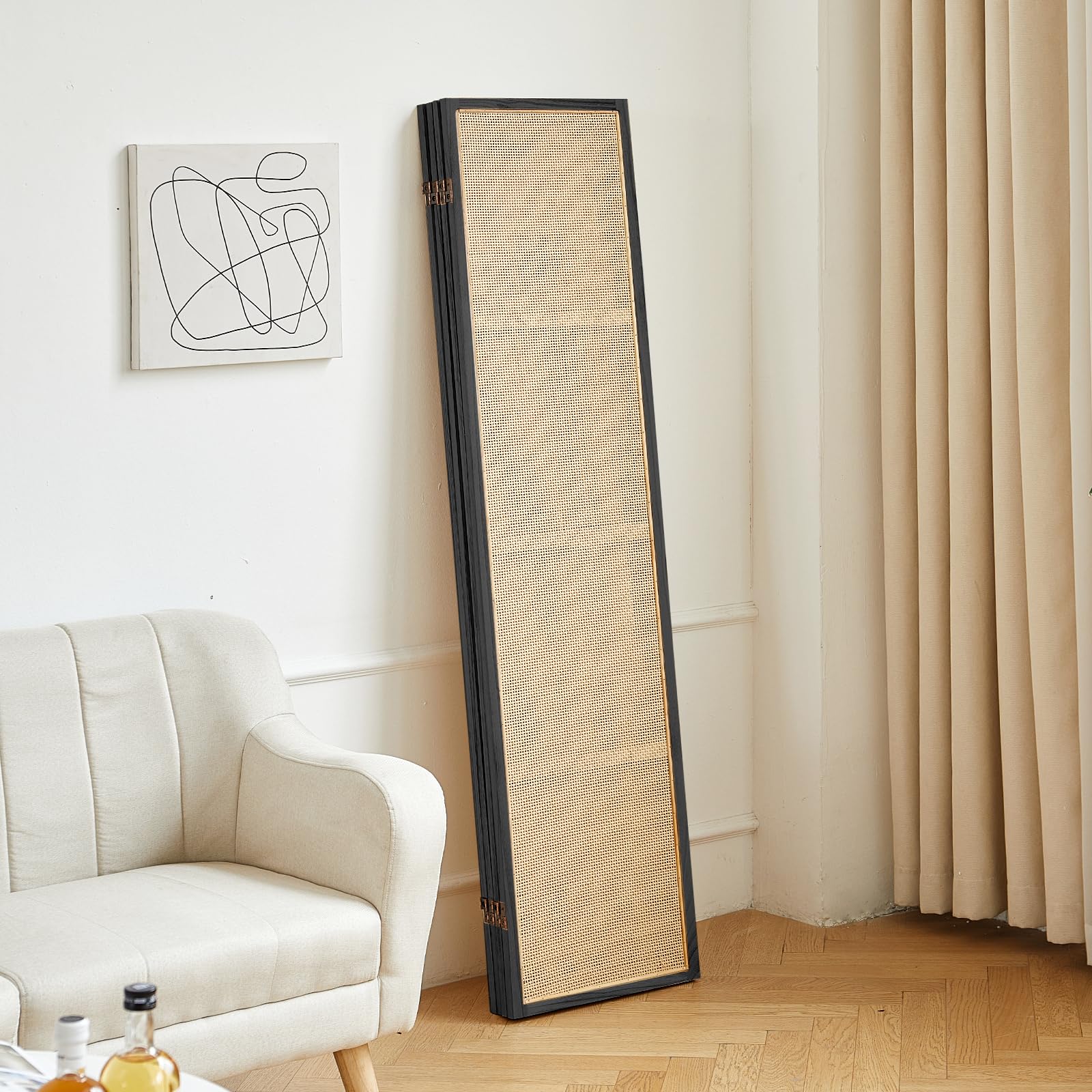 4 Panel Wood Room Divider - 5.6FT Foldable Privacy Screen with Hand-Woven Rattan Design - Freestanding Partition for Home Office, Bedroom, Restaurant & Indoor Decor (Black) - Perfect for Creating Private Spaces & Room Dividers