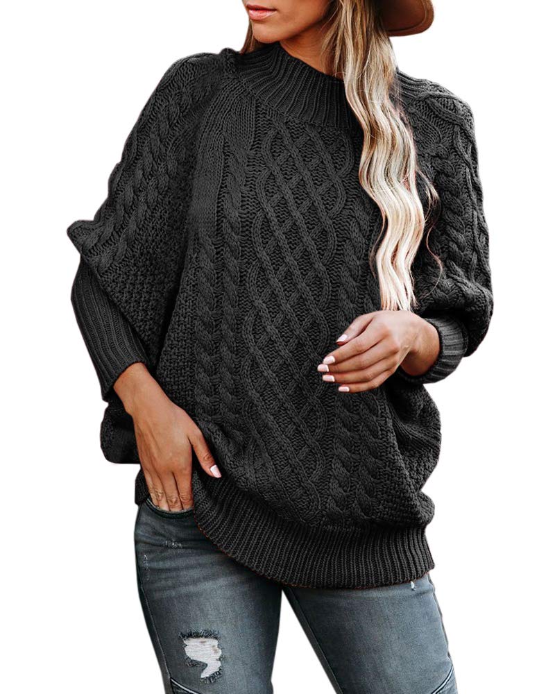 Women's Oversized Turtleneck Sweater - Plus Size Batwing Sleeve Cable Knit Pullover - Cozy Loose Jumper Top for Winter Fashion & Casual Outfits