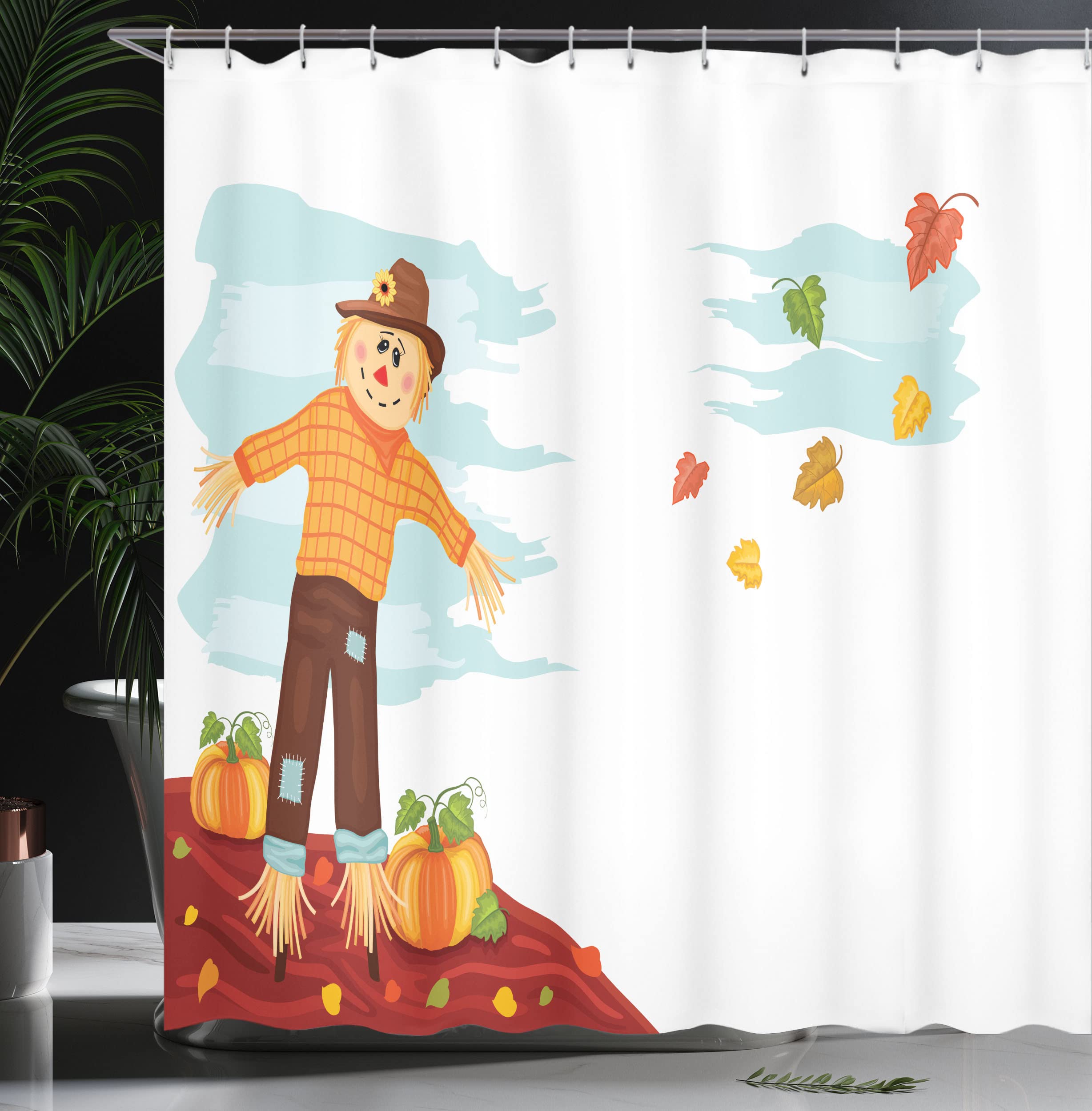 Ambesonne Autumn Pumpkin Shower Curtain - Fall Harvest Themed Scarecrow with Seasonal Fruits & Leaves - 69x75 Inch Waterproof Fabric Bathroom Decor with Hooks - Perfect for Thanksgiving, Halloween & Cozy Farmhouse Bathrooms