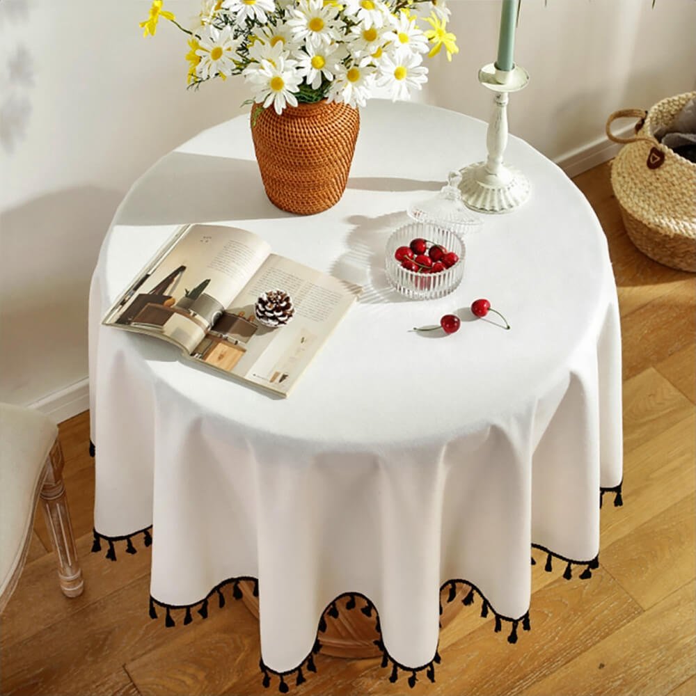 Arkansas Round Tassel Tablecloth - Elegant Lace Trimmed Dining Table Cover for Wedding, Party & Home Decor