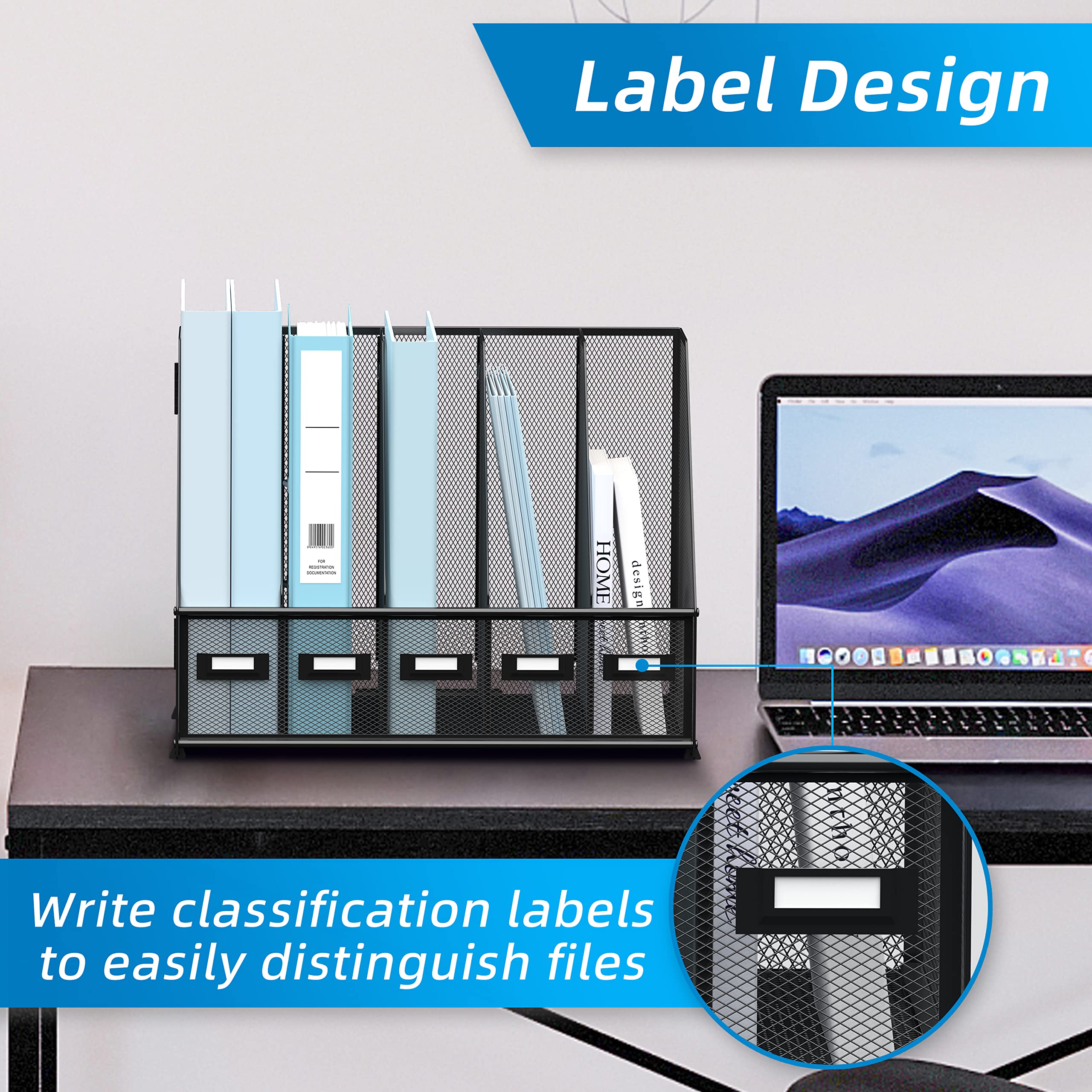 SUPEASY Metal Desk Organizer with 5 Vertical Compartments - Black Magazine File Holder for Office, Home Workspace | Perfect for Organizing Documents, Books, and Office Supplies on Your Desktop