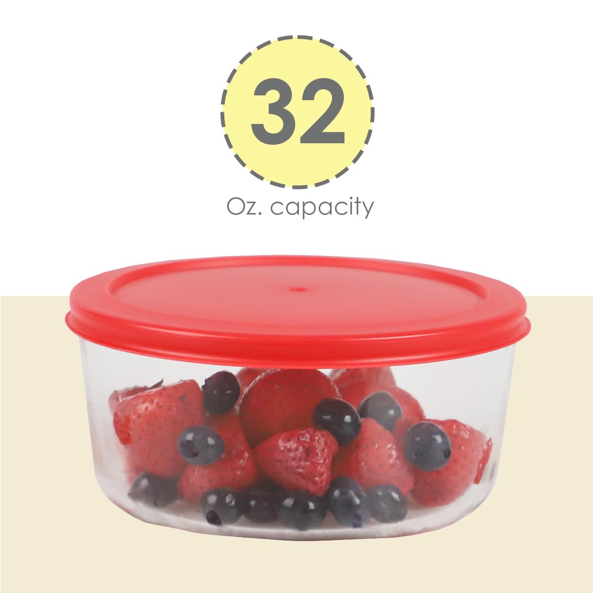 Borosilicate Glass Food Storage Container with Airtight Red Lid - 32 oz Round Kitchen Organizer for Meal Prep, Leftovers & Pantry Storage - BPA-Free, Microwave & Dishwasher Safe