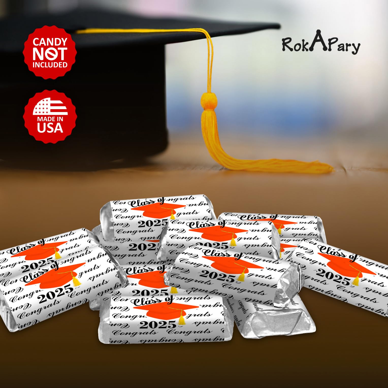 60pcs Class of 2025 Graduation Cap Mini Candy Wrappers - Orange Chocolate Bar Stickers & Labels (Candy Not Included) | Perfect for Graduation Parties, School Events & DIY Candy Gifts | Made in USA